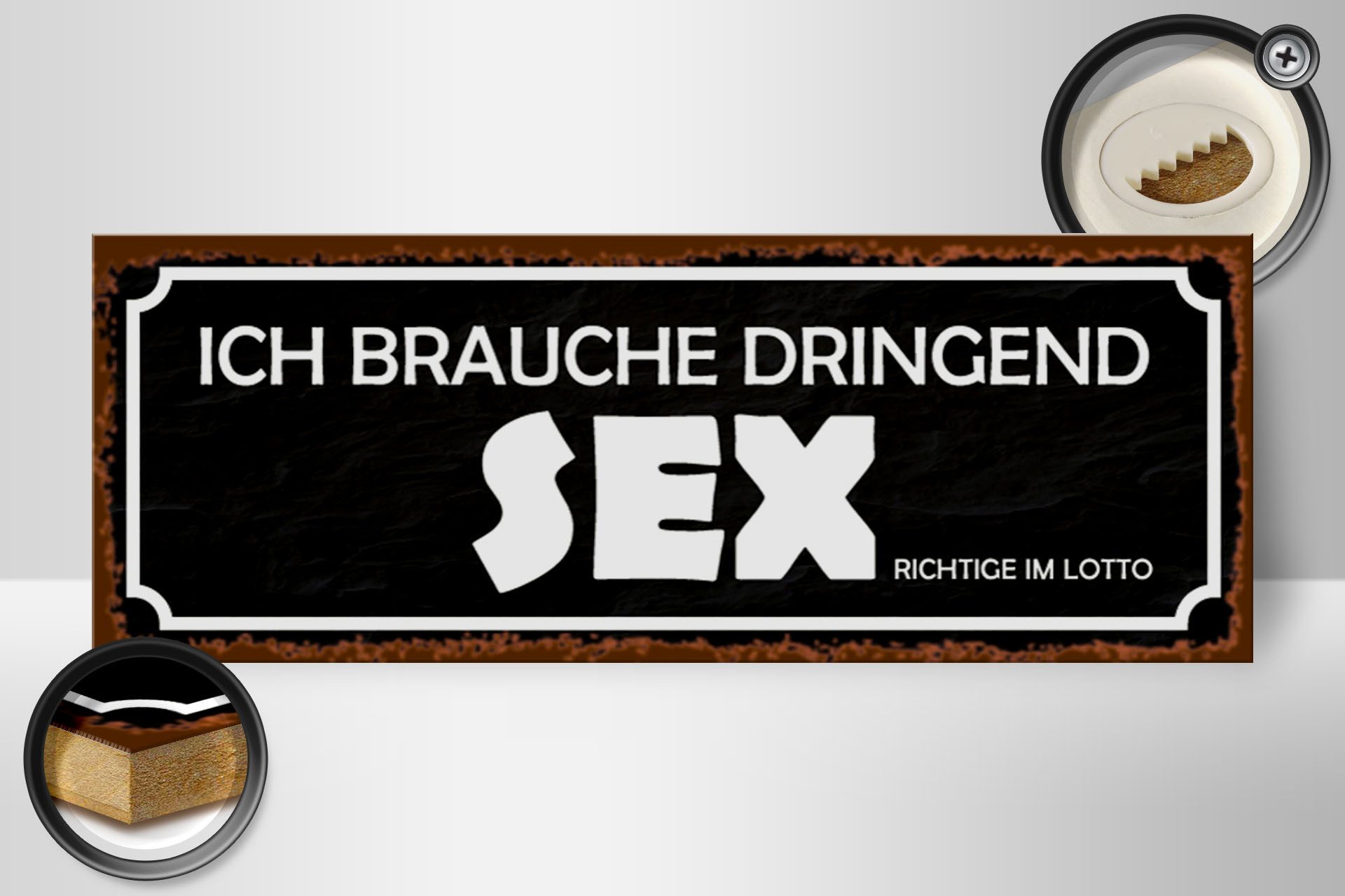 Femer GmbH Holzbild Spruch 27x10cm ich brauche dringend Sex, Sprüche Zitate Lustiges (1 St), Glatte Holzfaserplatte (MDF), vorn beschichtet