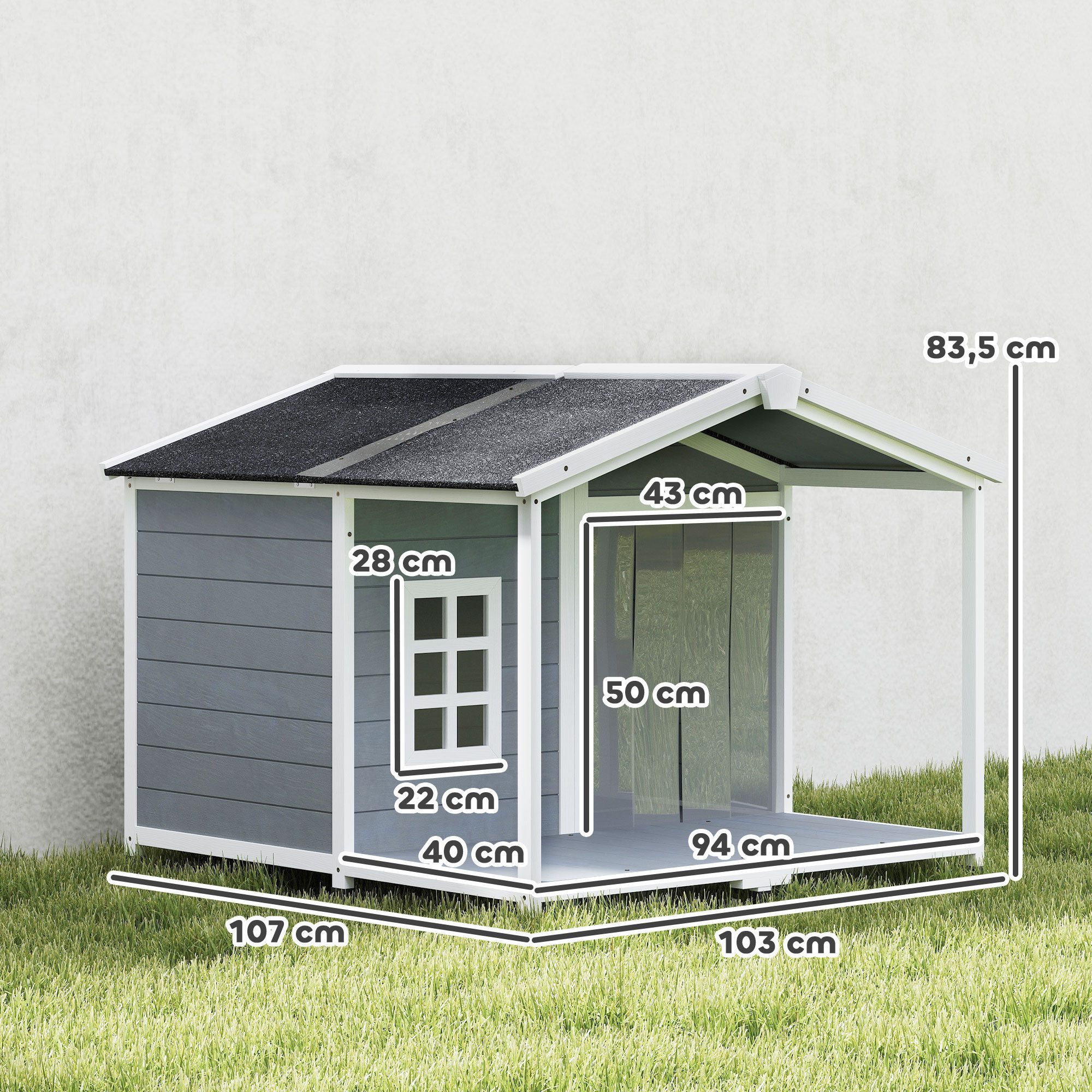 PawHut Hundehütte Erhöhtes Hundehaus aus Holz mit Asphaltdach, Terrasse, Fenster, für mittelgroße Hunde bis 20 kg 103 x 107 x 83,5 cm Grau