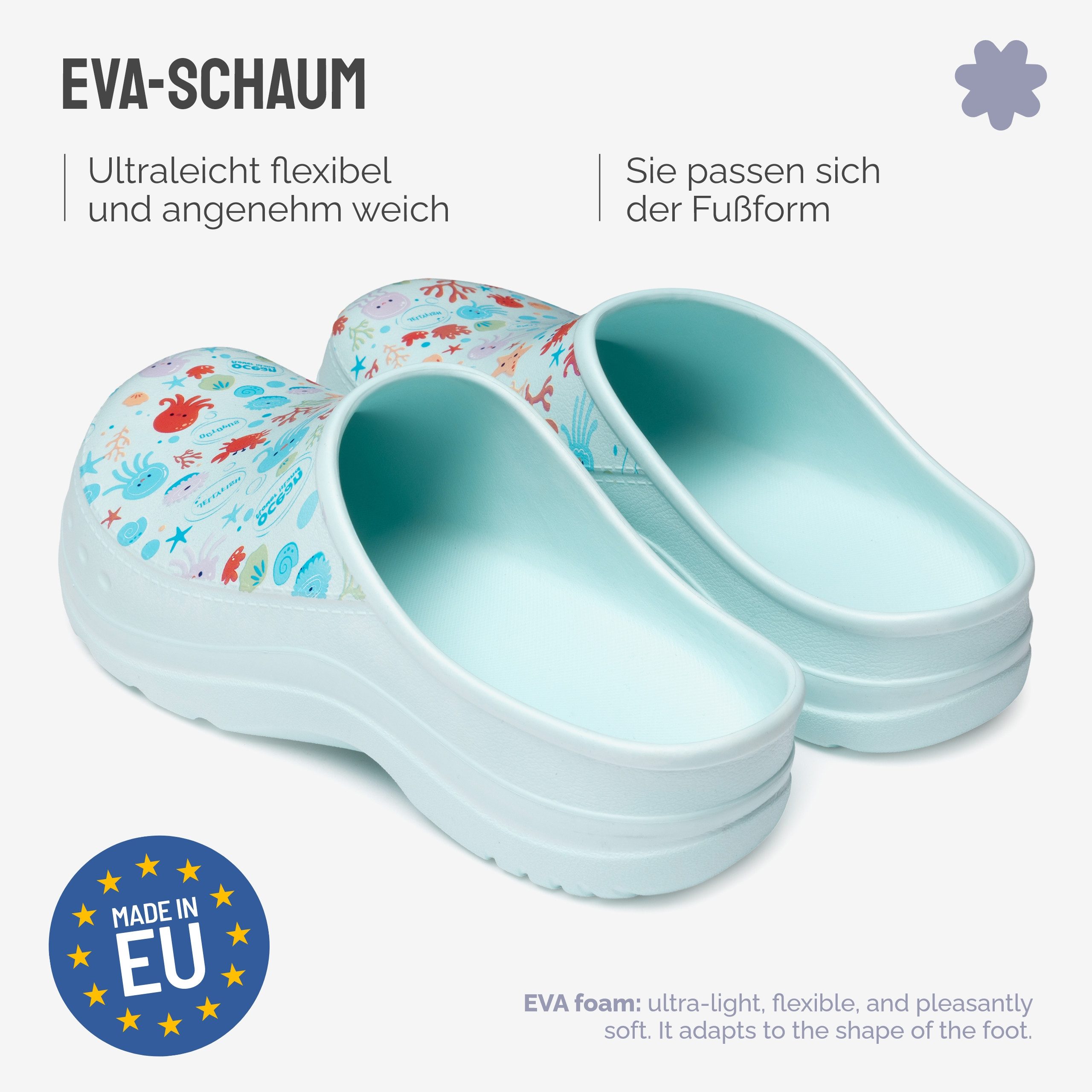 Ladeheid Gartenclogs für Damen Ultraleicht EVA Gemustert Gartenschuhe LA-CA-27 Clog (38 EU, Aquablau/Meeresmotiv) Wasserdicht & Flexibel
