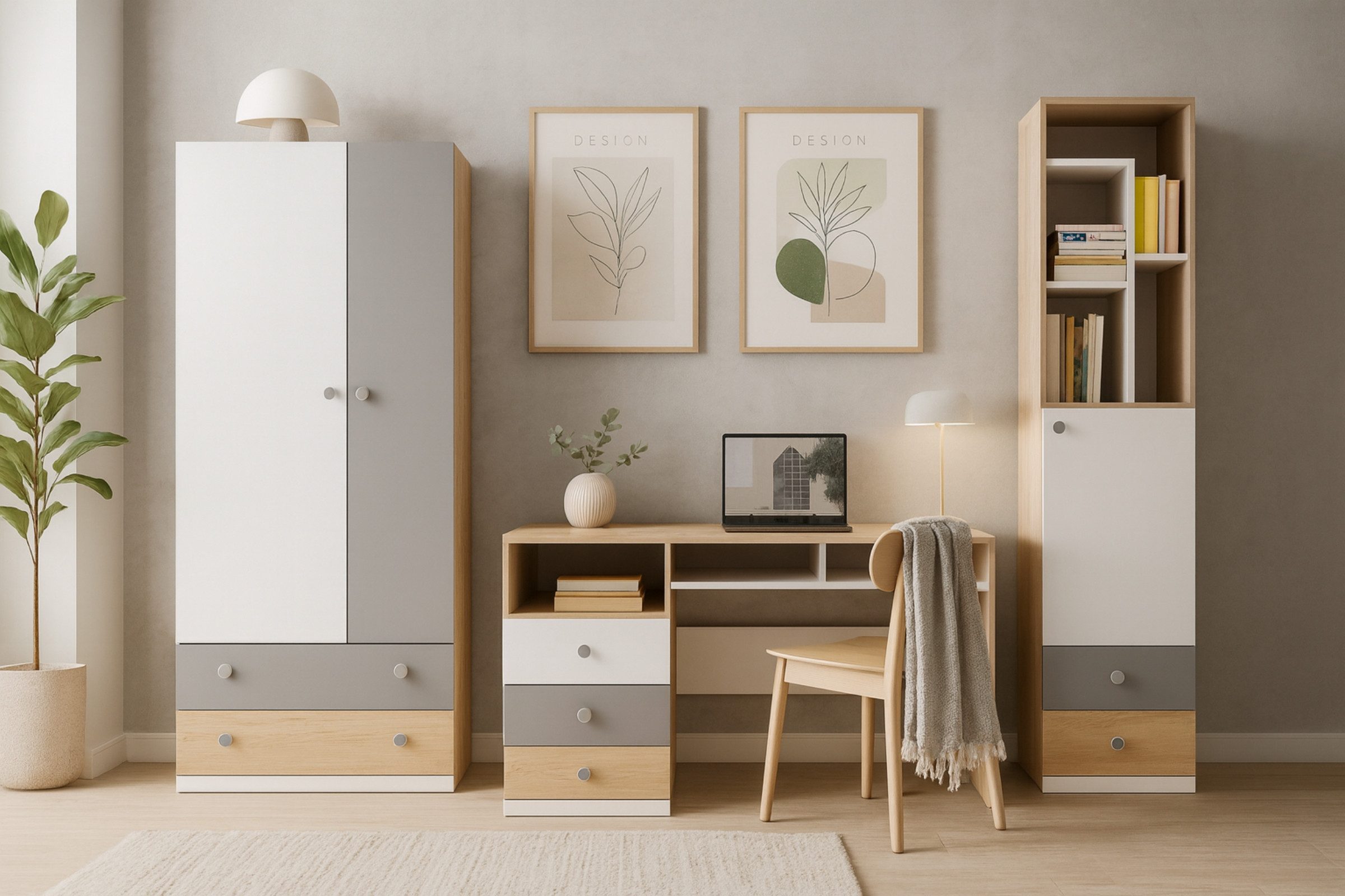 Deine Möbel 24 Jugendzimmer-Set POKO 2 mit Kleiderschrank, Schreibtisch, Regal und Hängeregal, (4-tlg., 4-teilig), in Biskuiteiche / Weiß Lux / Grau