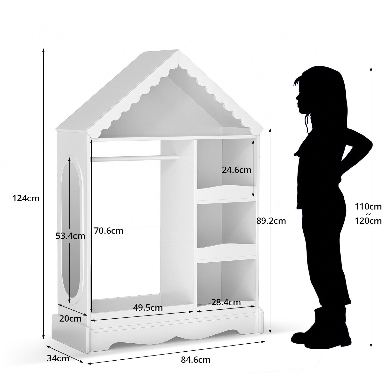 VOWNER Kinderkleiderschrank Hausform, Kindergarderobe mit Acrylspiegel, 84,6 x 34 x 124 cm (1-St) Kind Kleiderständer mit Kleiderstange, Regalen & Haken