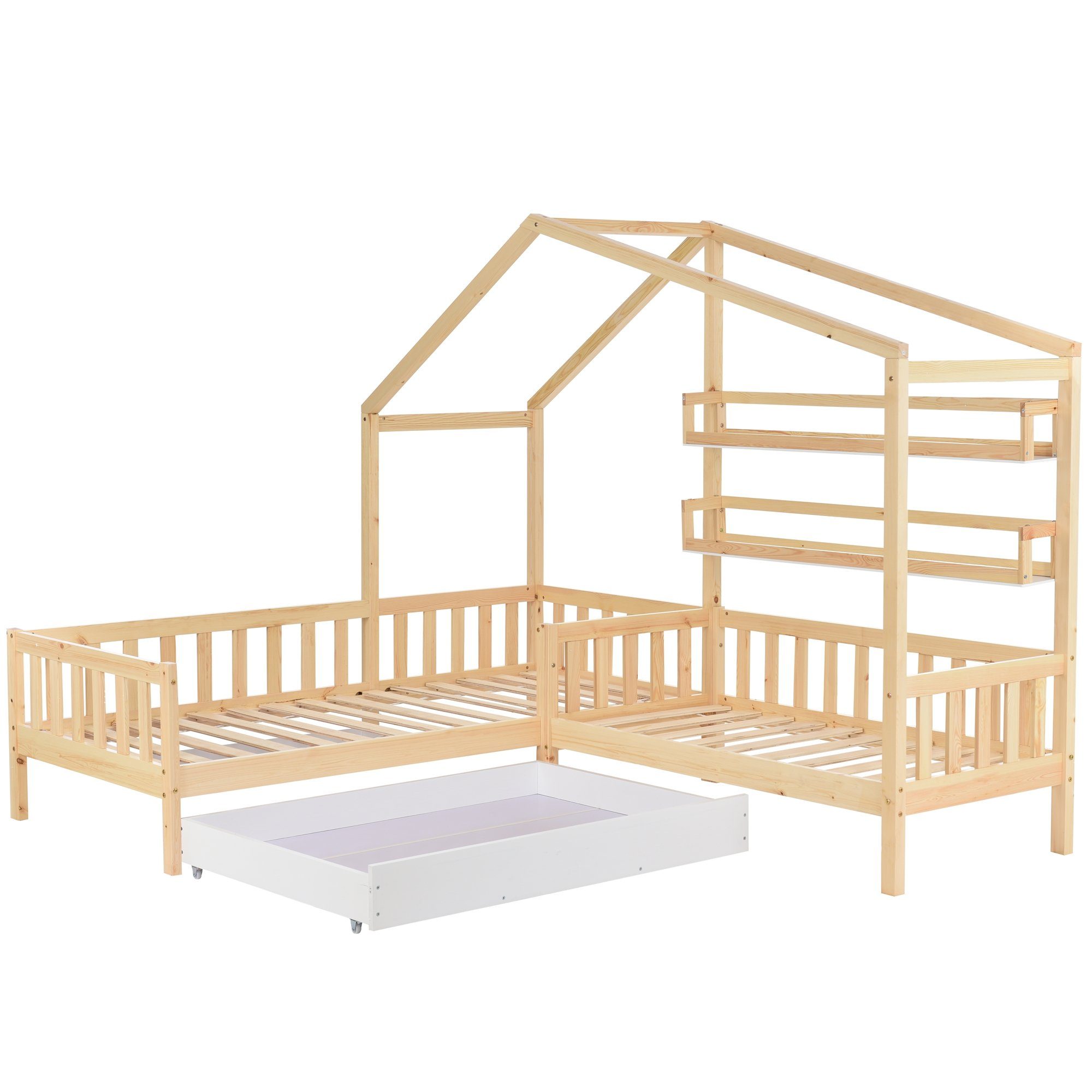 Kinderbett (1-tlg., Hausbett mit 2. Schlafgelegenheit, 90x200 cm, 70x140cm), Einzelbett mit Schublade, Regalen, Lattenrost, Zaun und Rausfallschutz