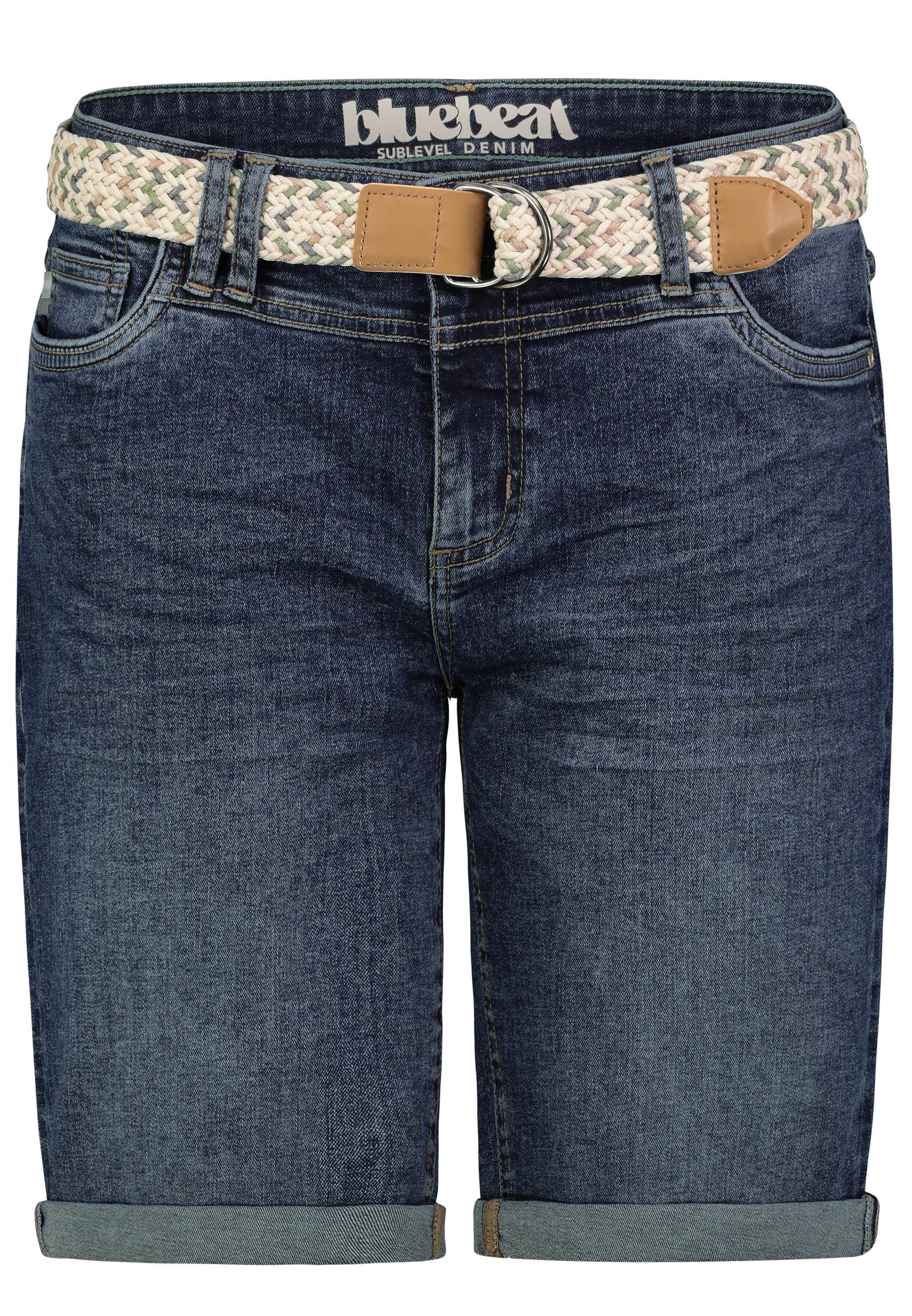 SUBLEVEL Jeansshorts mit Flechtgürtel und umgeschlagenem Saum für Damen Baumwolle Regulär geschnitten Fit unifarben elastisch