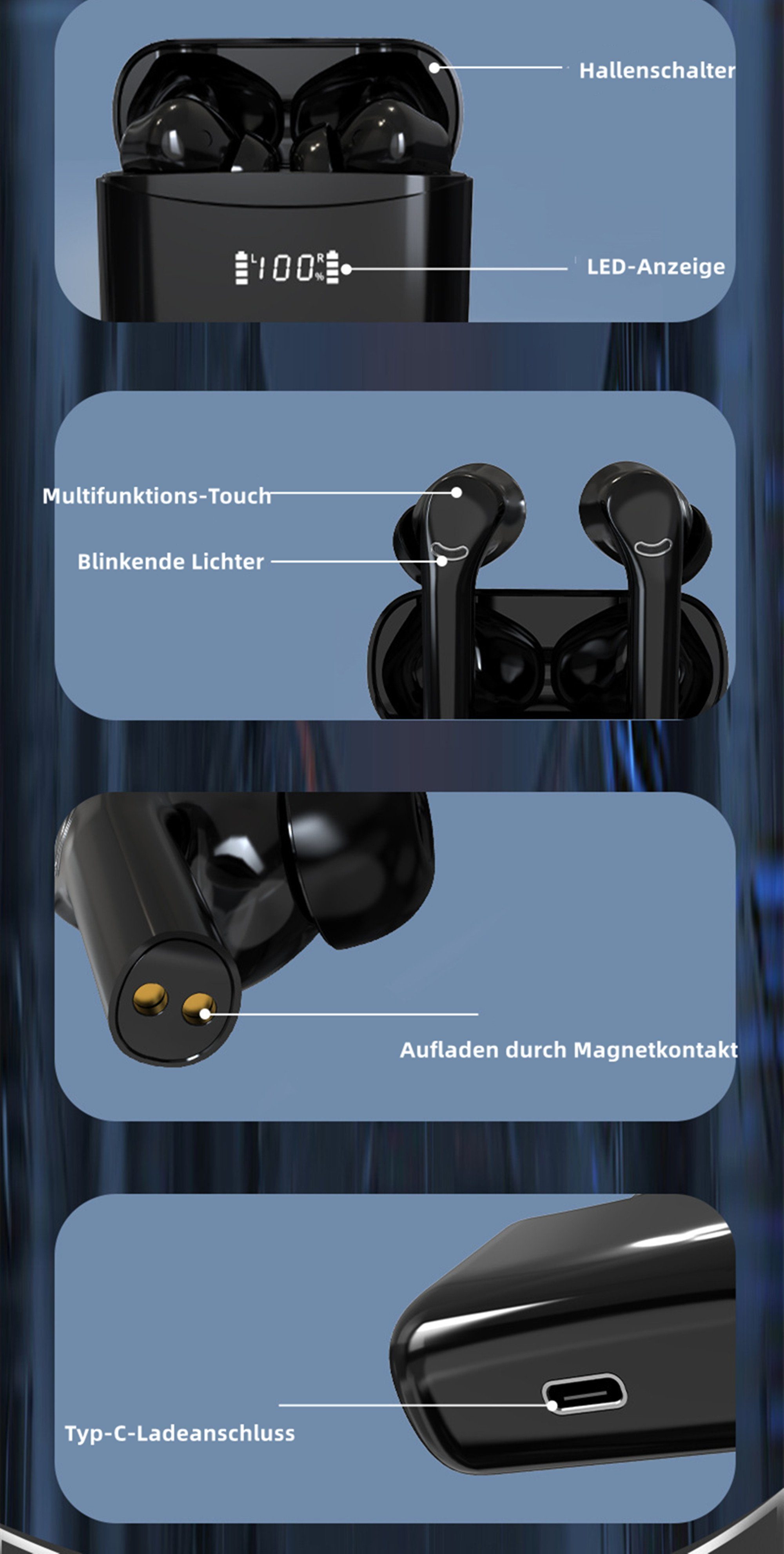 Kopfhörer, Ohrhörer) Kopfhörer Kopfhörer Noise In-Ear-Kopfhörer Wasserdicht Cancelling, Bluetooth In Tisoutec 5.3 Kabellose Kopfhörer IPX4 Ear (Neue Bluetooth Kabellos Schwarz