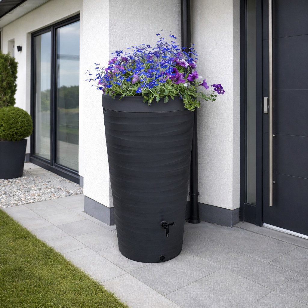YourCasa Regentonne 240 Liter [Wave Design] Regenfass aus Kunststoff mit Wasserhahn, Bepflanzbar,240L,mit Wasserhahn