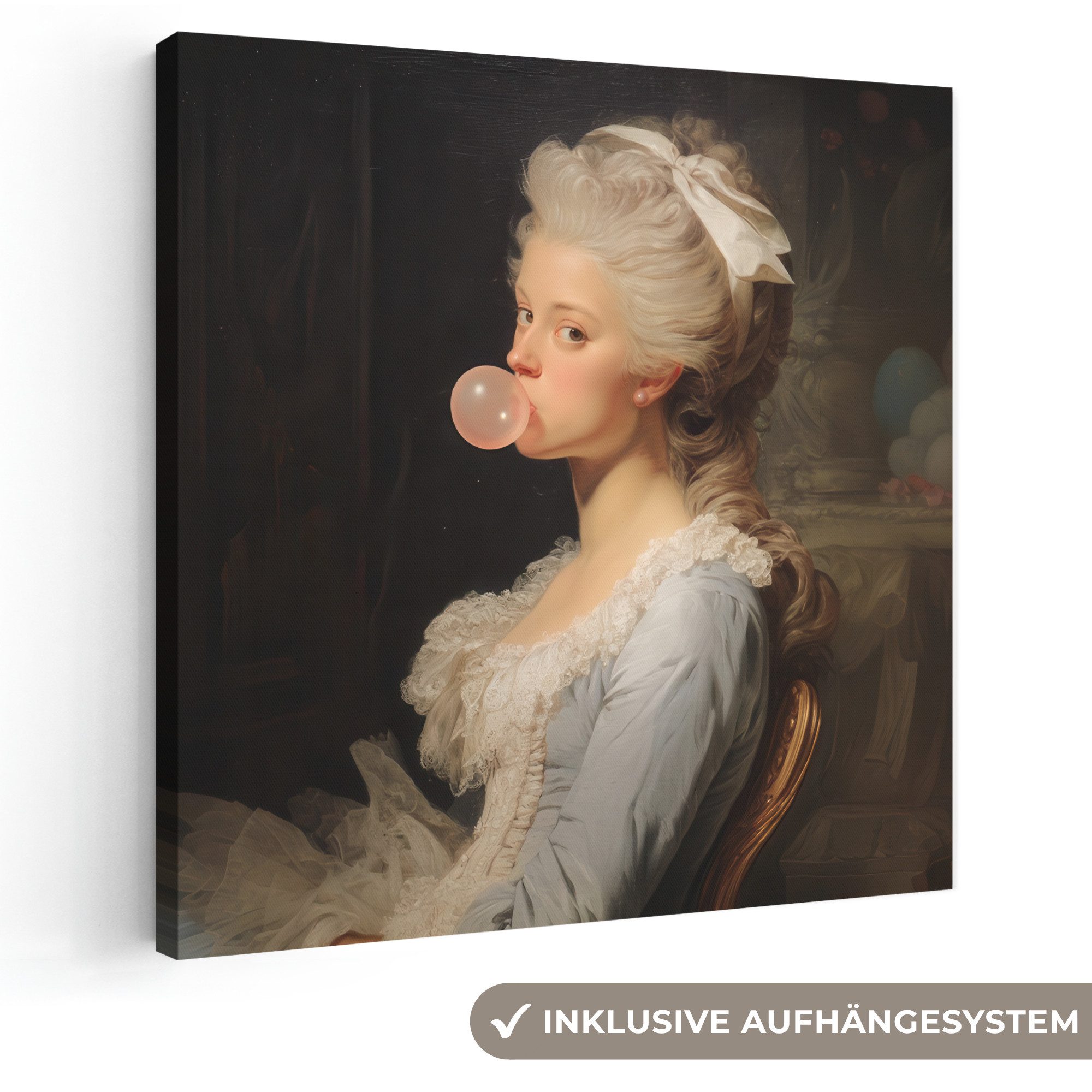 OneMillionCanvasses® Leinwandbild Frau - Barockes Kleid - Kaugummi, Fotodruck (1 St), Wandbild, Deko Schlafzimmer Wohnzimmer Flur 20x20 cm