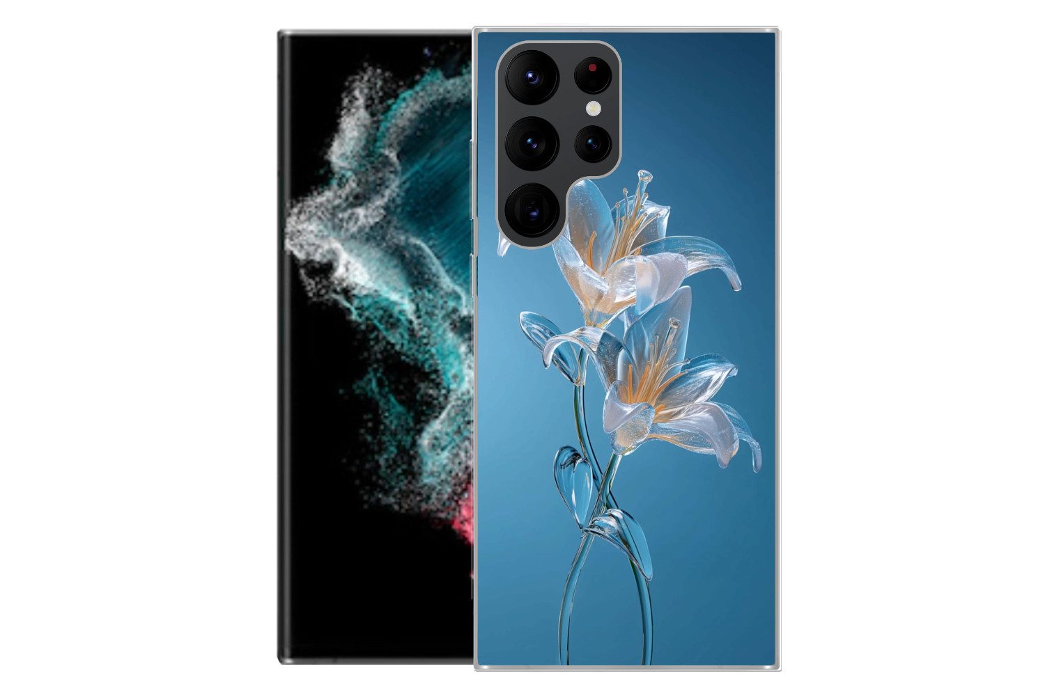 MuchoWow Handyhülle für Samsung Galaxy S22 Ultra Lilien - Blau - Gläser, Phone Case, Silikon, Schutzhülle Dünn