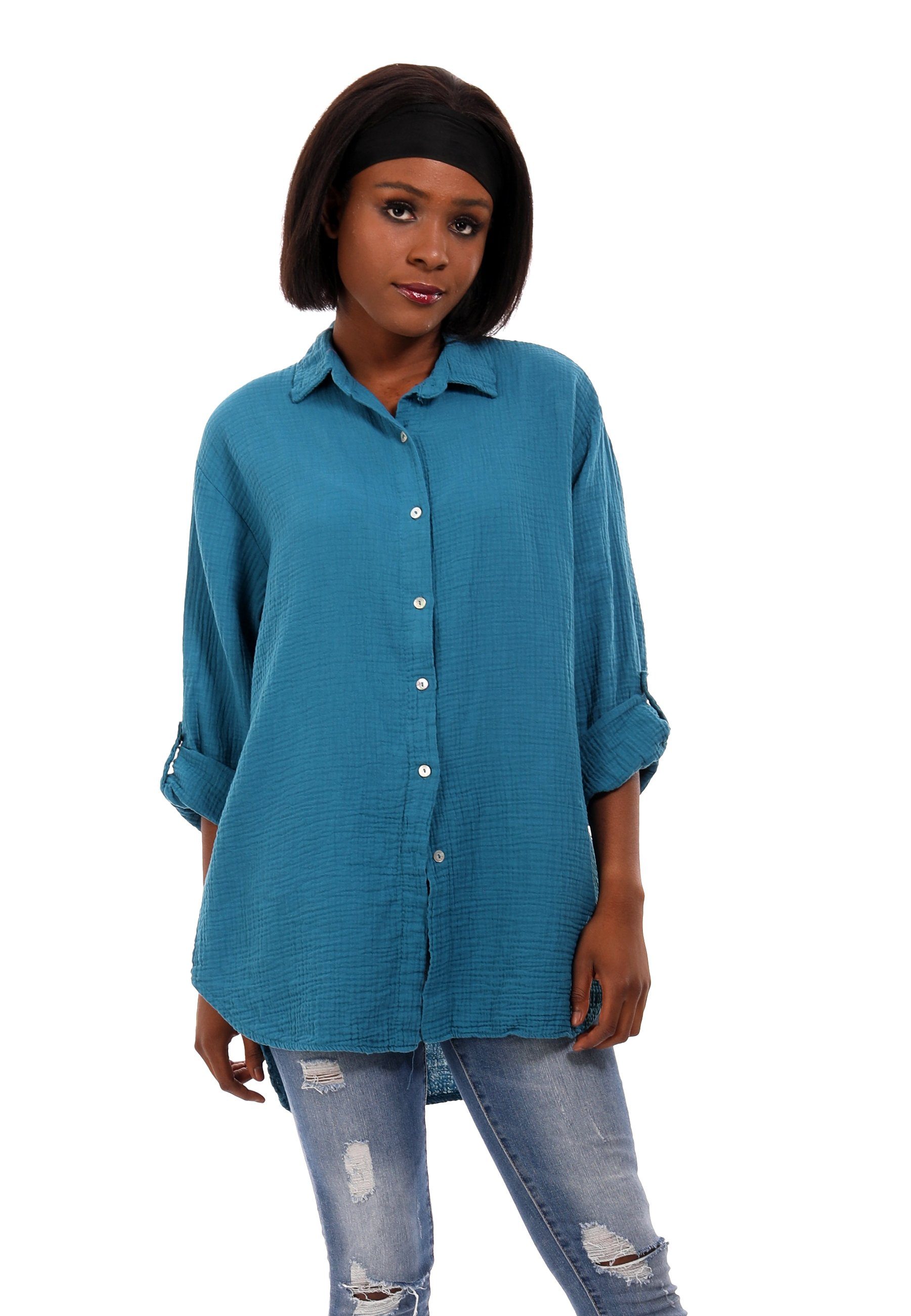 YC Fashion & Style Hemdbluse Bluse Oversized Long bluse Herrlich weicher Musselin One Size (1-tlg) Uni, Langarm, Casual petrol