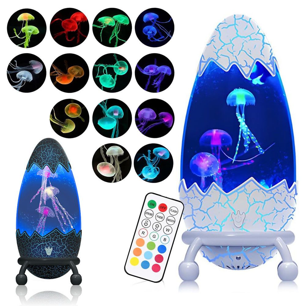 QUBEBU LED Nachtlicht Jellyfish Lampe LED Quallen Lampe Dinosaurier-Eier Dekolicht Lavalampe, LED fest integriert, Quallen Aquarium Dekoleuchte mit Fernbedienung, 13 Farbwechsel, LED Tischleuchte, Stimmungslicht, Geschenke für Kinder Erwachsene