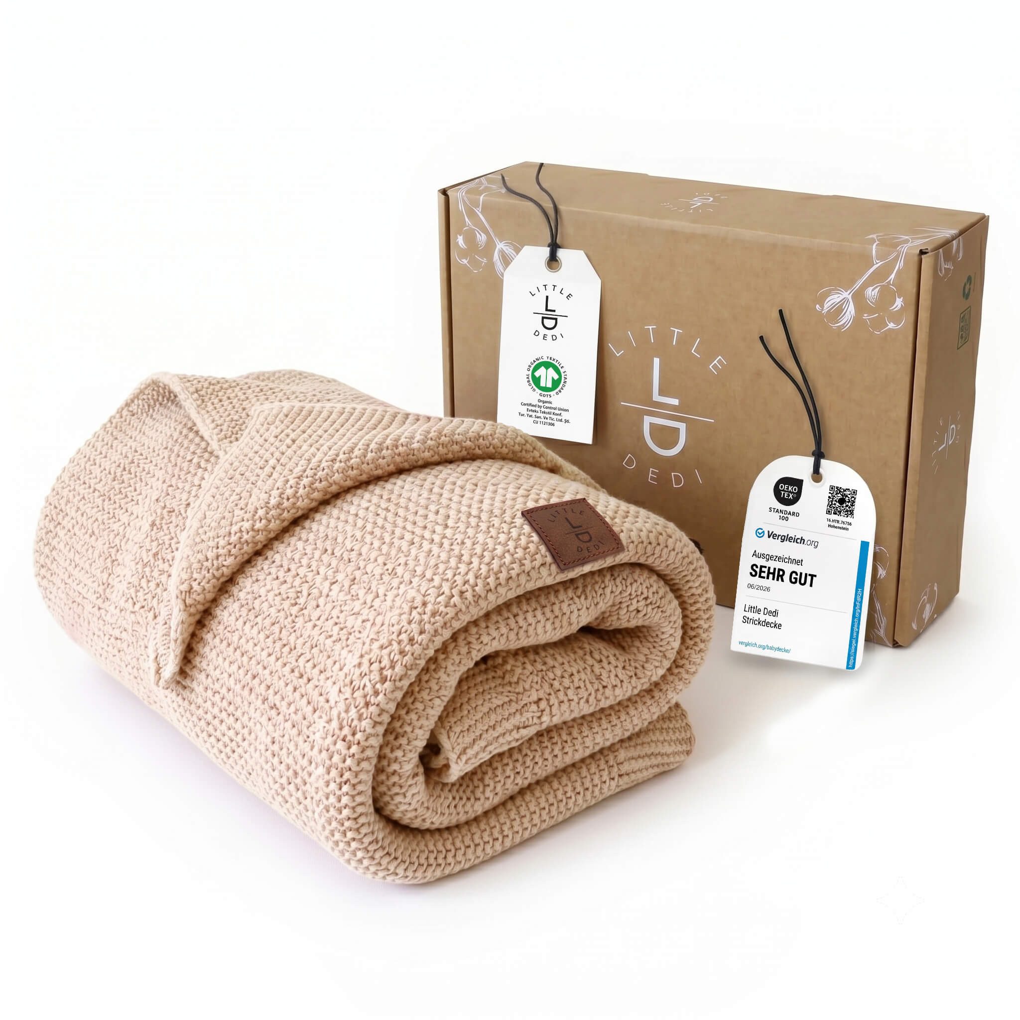 Babydecke Baby Strickdecke, %100 Bio Baumwolle, Atmungsaktiv, 80x100cm, Beige, Little Dedi