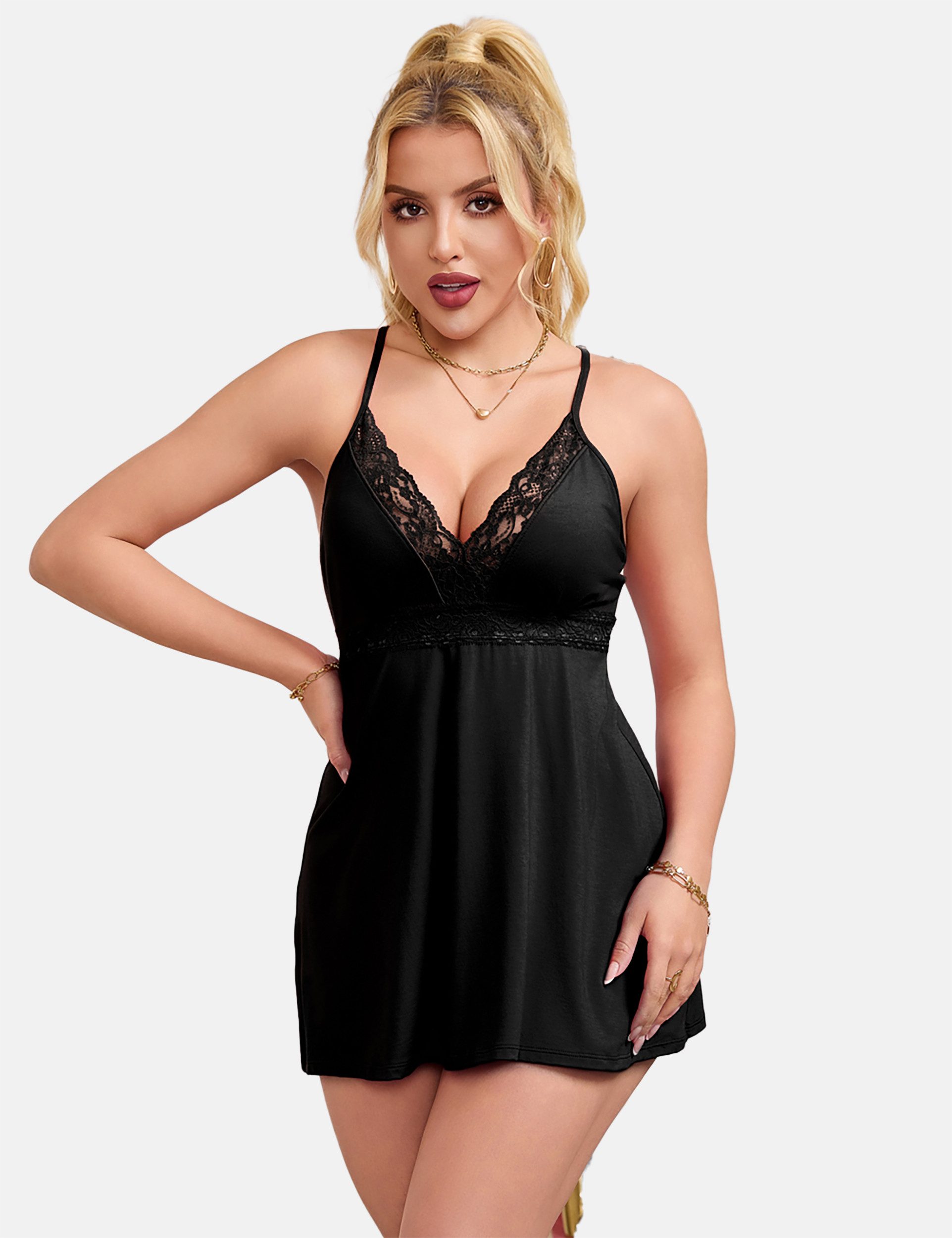 Organza Lingerie Negligé (Negligé + String) mit elegantem Spitzeneinsatz, sexy Dessous