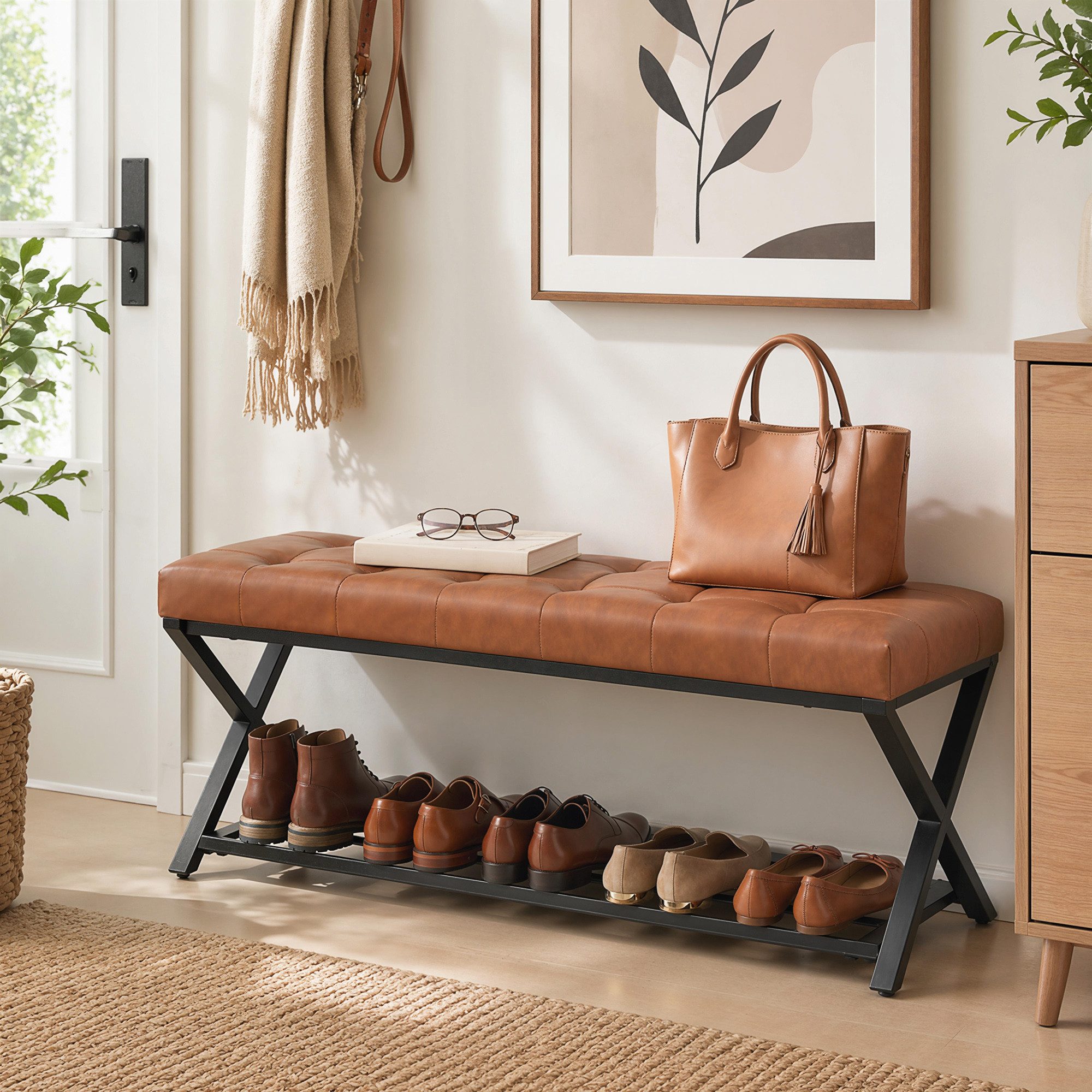 HOMCOM Schuhbank Sitzfläche, Schuhregal mit Stauraum, Kunstleder, bis 220kg (Industrielle Sitzbank, 1-St., inkl. Sitzkissen), für Flur Eingangsbereich, 112x37x47cm, Braun