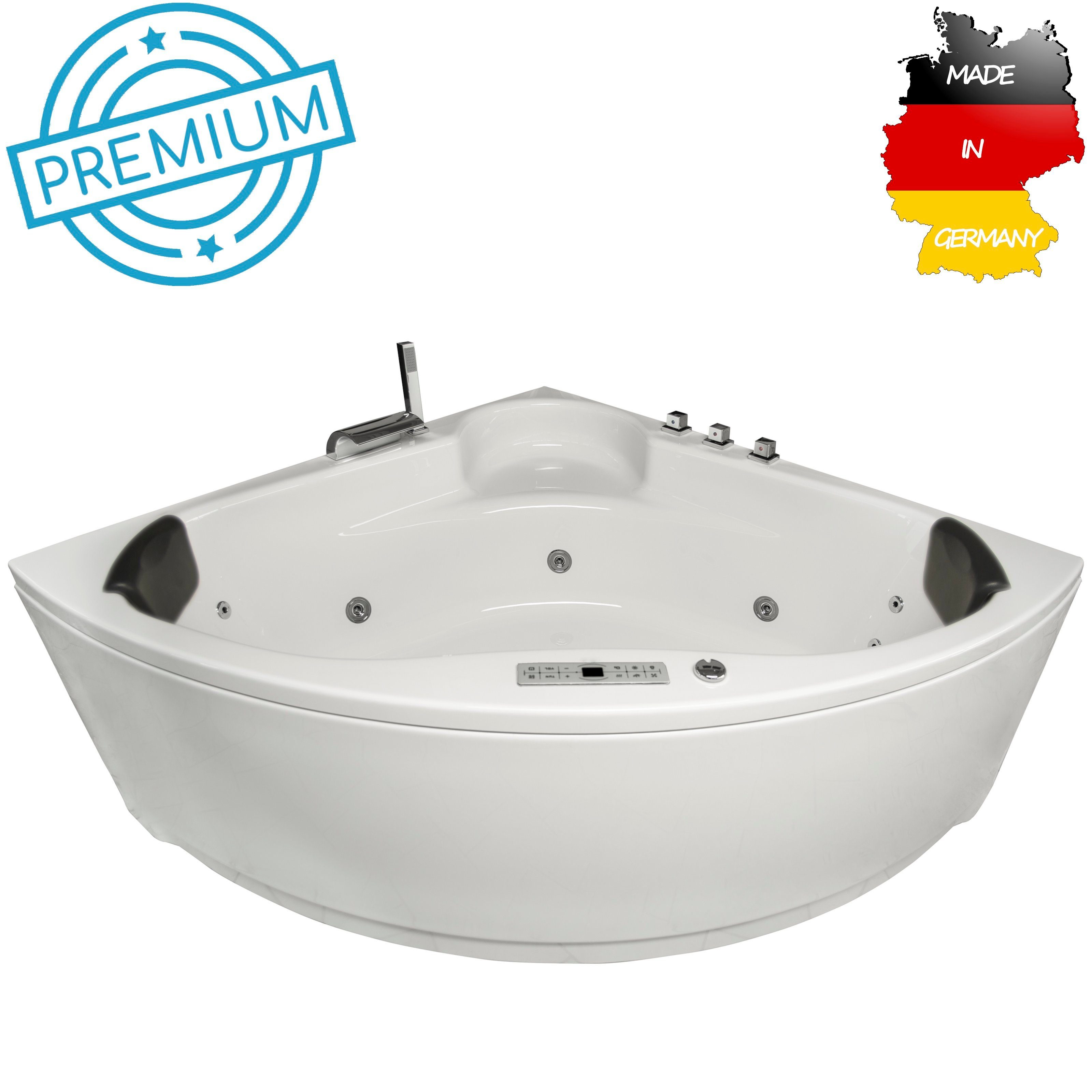 Basera® Whirlpool-Badewanne PREMIUM Indoor Eck-Whirlpool Badewanne Futuna 140 x 140 cm, (Komplett-Set), mit 21 Massagedüsen, Heizung, Wasserdesinfektion, Bodenansaugung, W...