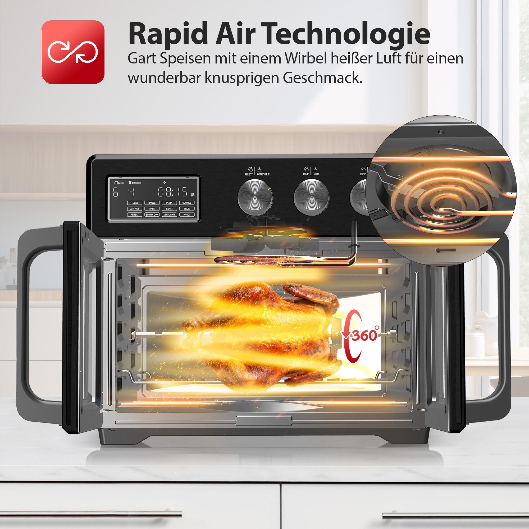 TurboTronic by Z-Line Minibackofen 1700 W, 32 l Mini Backofen mit Airfryer, Umluft, Drehspieß, Pizzaofen, Tischbackofen, kleiner Backofen, Heißluftfritteuse, To – Bild 4 von 5