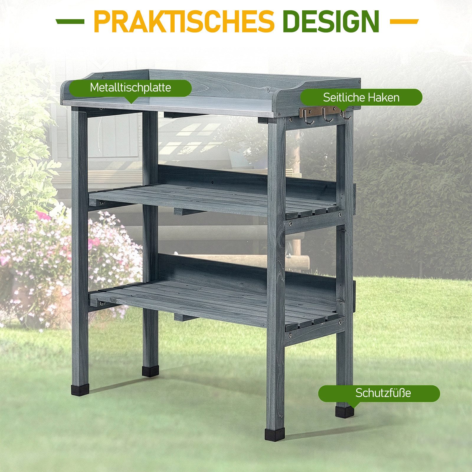 LALAHO Pflanztisch 3 Ablagen, Gärtnertisch mit verzinkter Arbeitsplatte, Garten-Blumentisch für Outdoor, wetterfest, 74x36x90cm, Grau