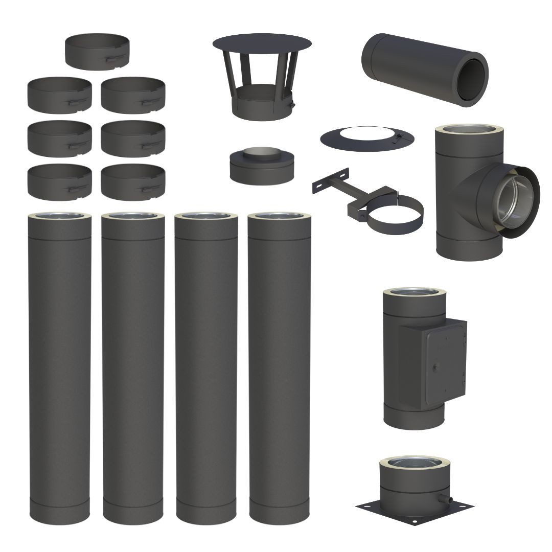 Jeremias Schornstein 4, 8 m Schornstein Ø130mm Komplettset DW DW-Black Bodenmontage, Ø 130 mm