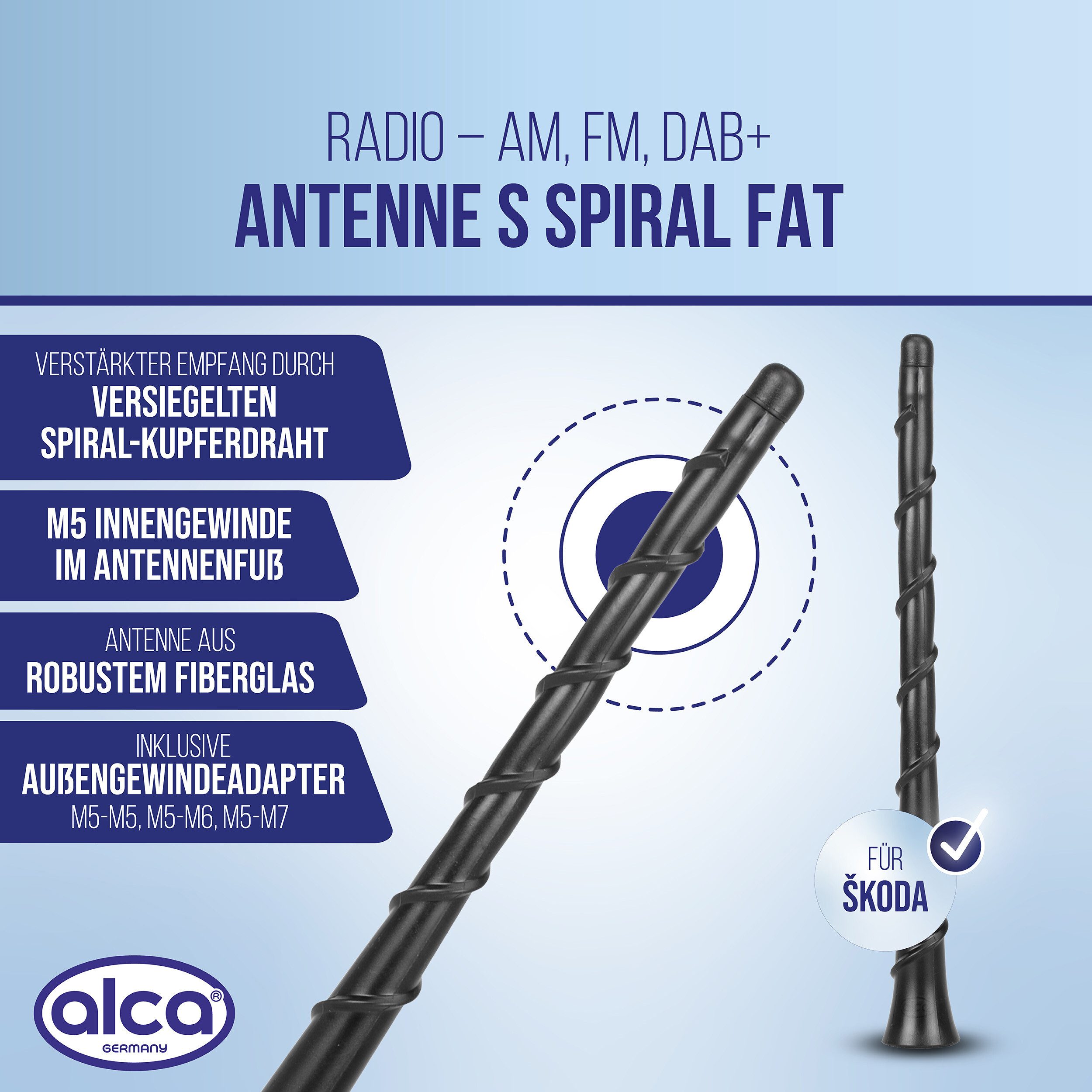 alca Dachantenne Auto 23cm Universal Spiral Fat FM AM DAB+ schwarz M5 M6 M7 Autoradio-Ersatzantennenstab