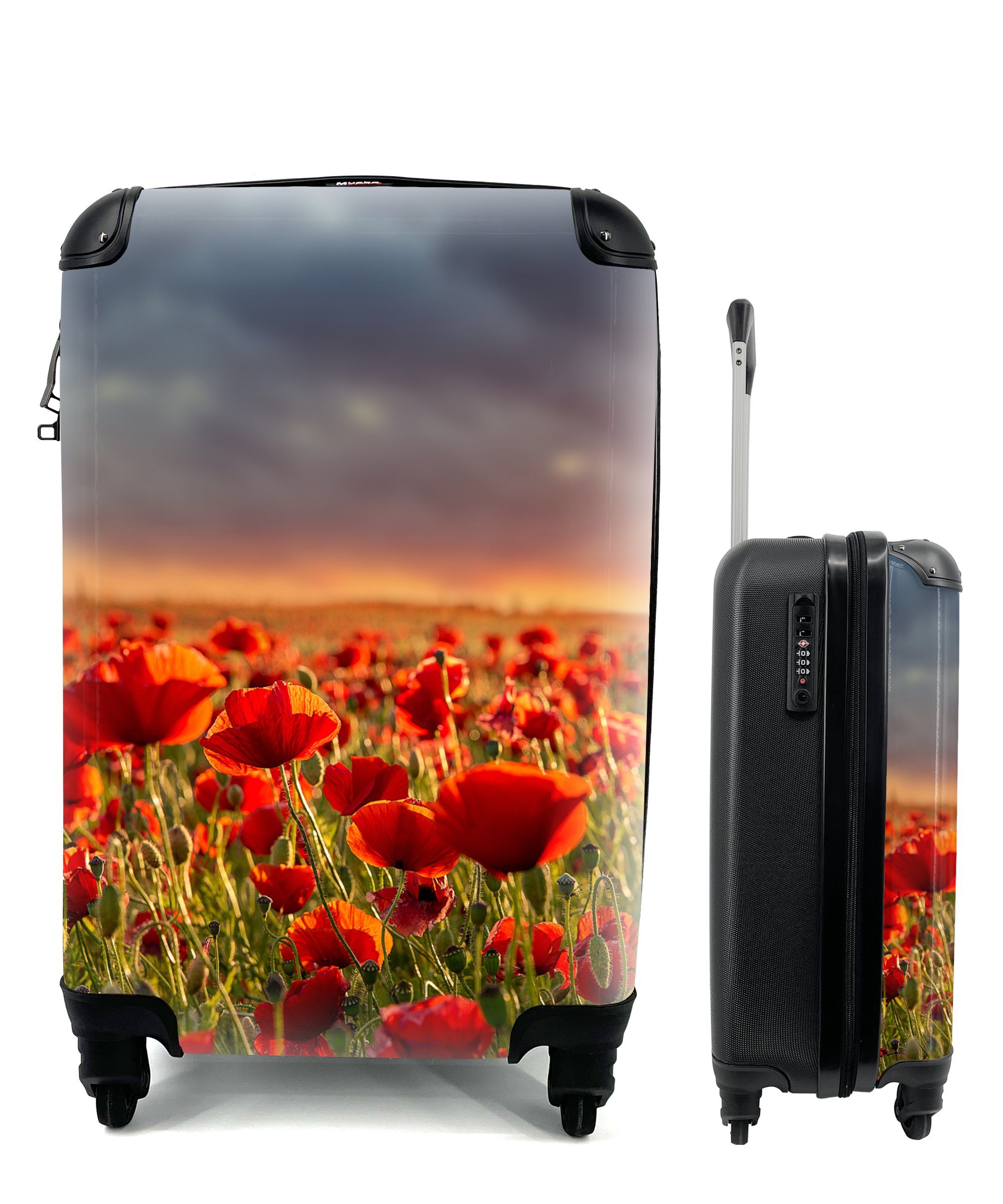 MuchoWow Handgepäckkoffer Sonnenuntergang - Mohnblumen - Rot - Blumen - Feld - Natur, 4 Rollen, Reisetasche mit rollen, Handgepäck für Ferien, Trolley, Reisekoffer