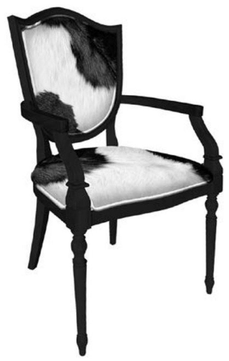 Casa Padrino Esszimmerstuhl Art Deco Esszimmerstuhl Weiß / Schwarz - Massivholz Stuhl mit Armlehnen und Kuhfell - Art Deco Esszimmer Möbel