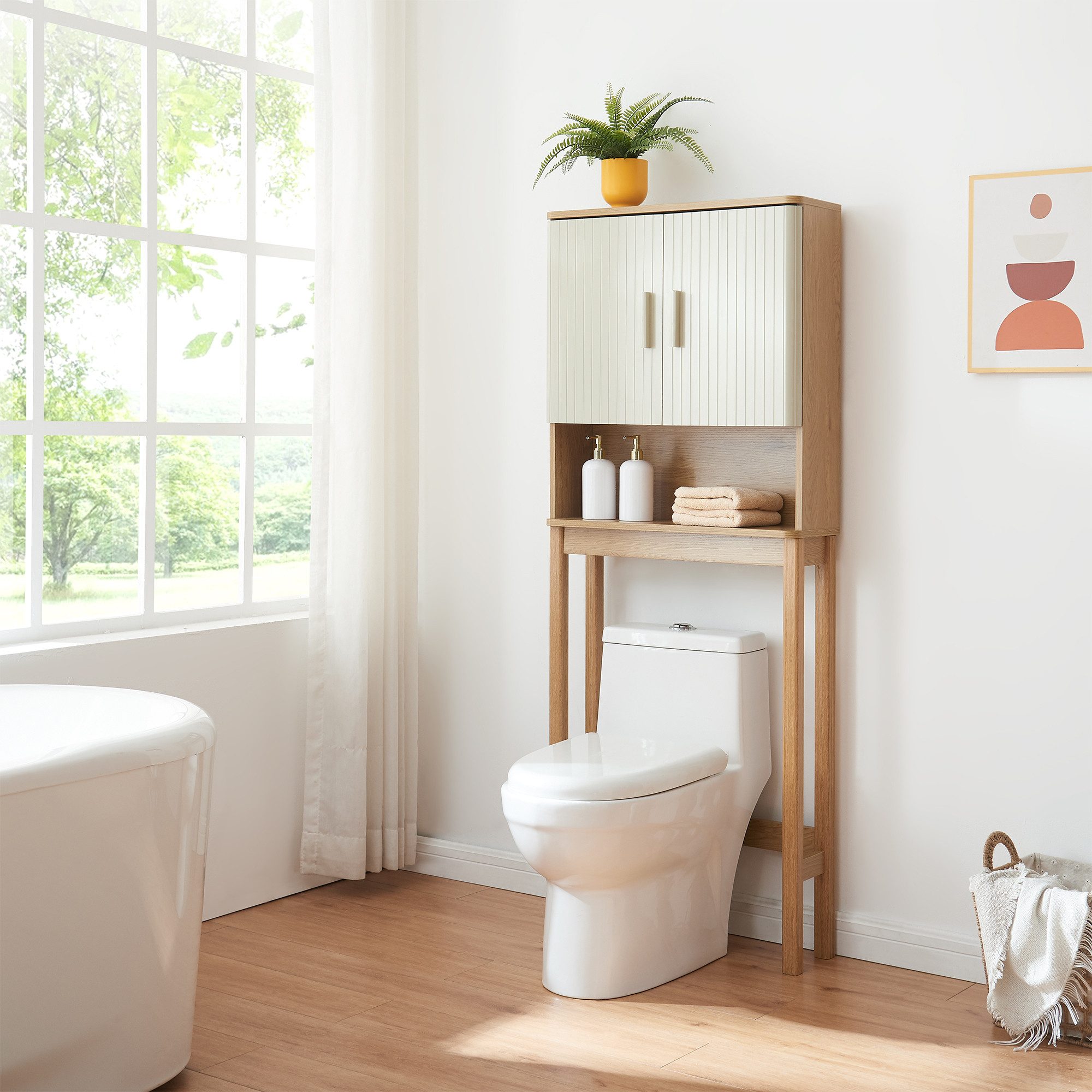 en.casa Badregal, »Ferrersp« 160x63x20 cm 2 Türen Holzgestell Eicheoptik/Sandfarben