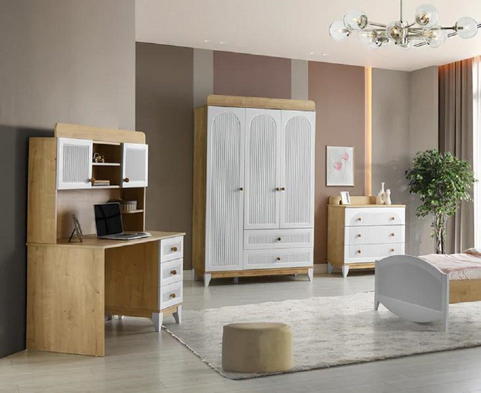 Jugendzimmer-Set Kommode, Kleiderschrank und Schreibtisch in Weiß für Kinderzimmer