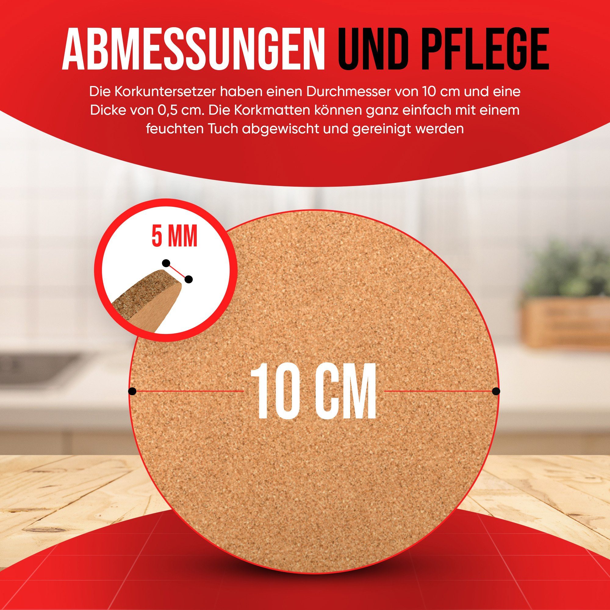 wortek Getränkeuntersetzer Kork Untersetzer Getränkeunterlage Braun, Zubehör für Getränke, Gläser, Tassen, 10er Set, 10-tlg., Kork Glasuntersetzer für Getränke - Tischuntersetzer aus Kork Ø 10 cm