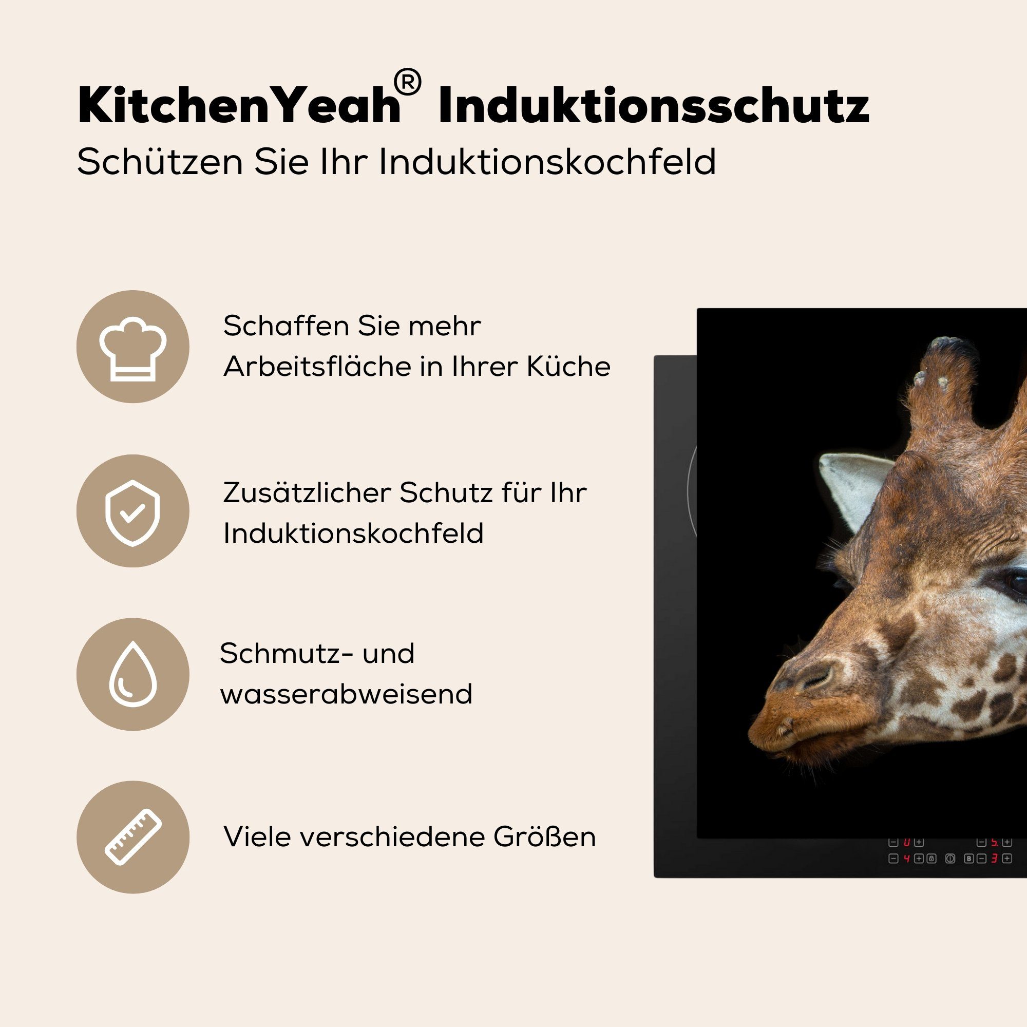 (1 einer Ceranfeldabdeckung, für cm, schwarzem Hintergrund, Giraffe Herdblende-/Abdeckplatte Porträt MuchoWow Arbeitsplatte 78x78 auf küche tlg), Vinyl,