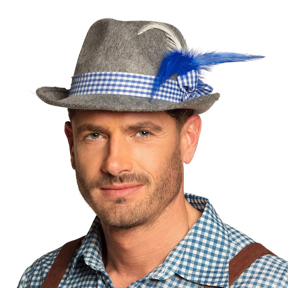 Boland Trachten-Kostüm Hut Wiesn grau Oktoberfest Filzhut mit Feder und Karo Band für Herren, Perfekt für Oktoberfest und Trachtenfeste