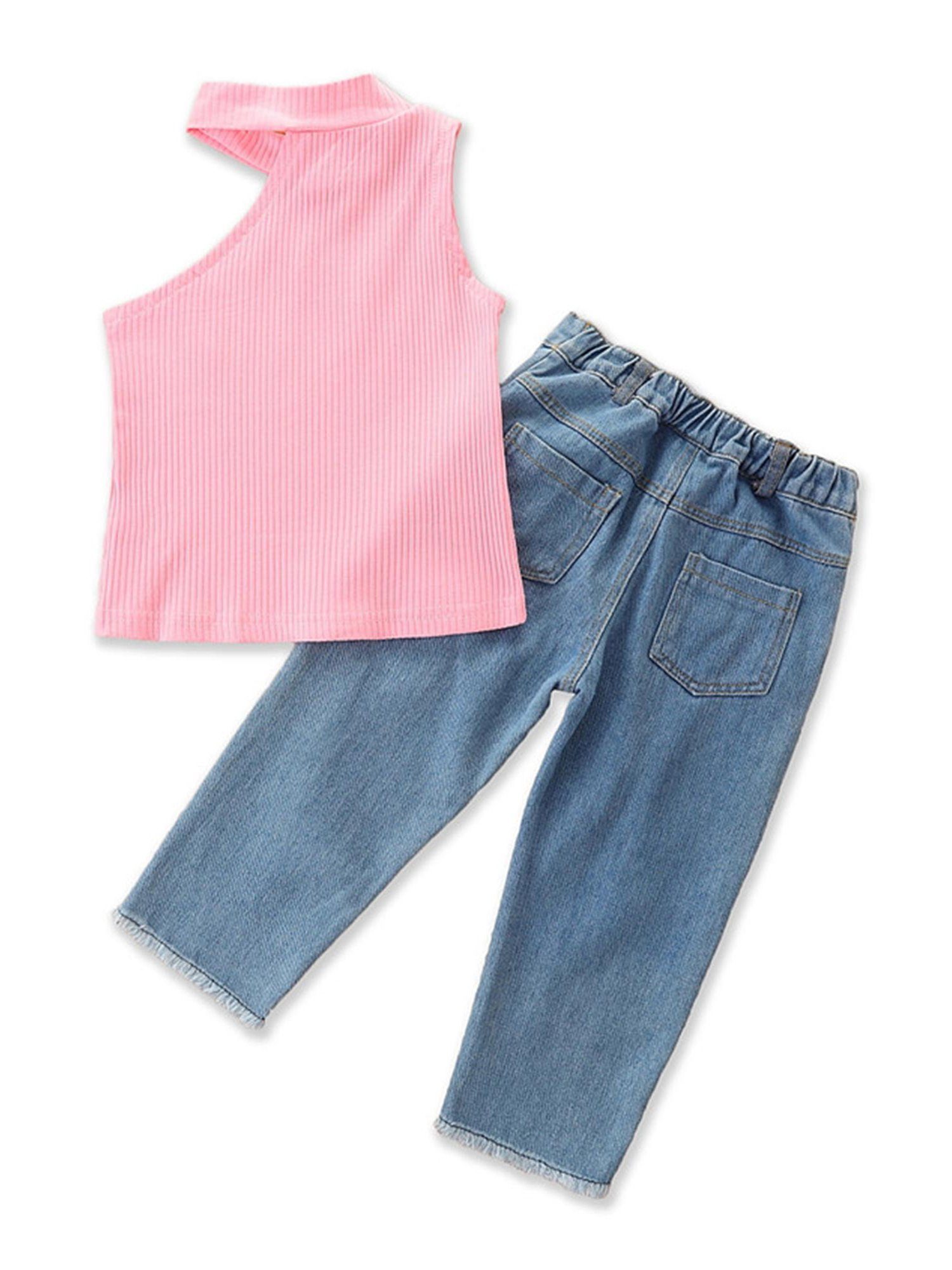 Kinder Mädchen (Gr. 50 - 92) Lapastyle Shirt & Hose Ärmelloses Eine Schulter Oberteil und zerrissene Jeanshose