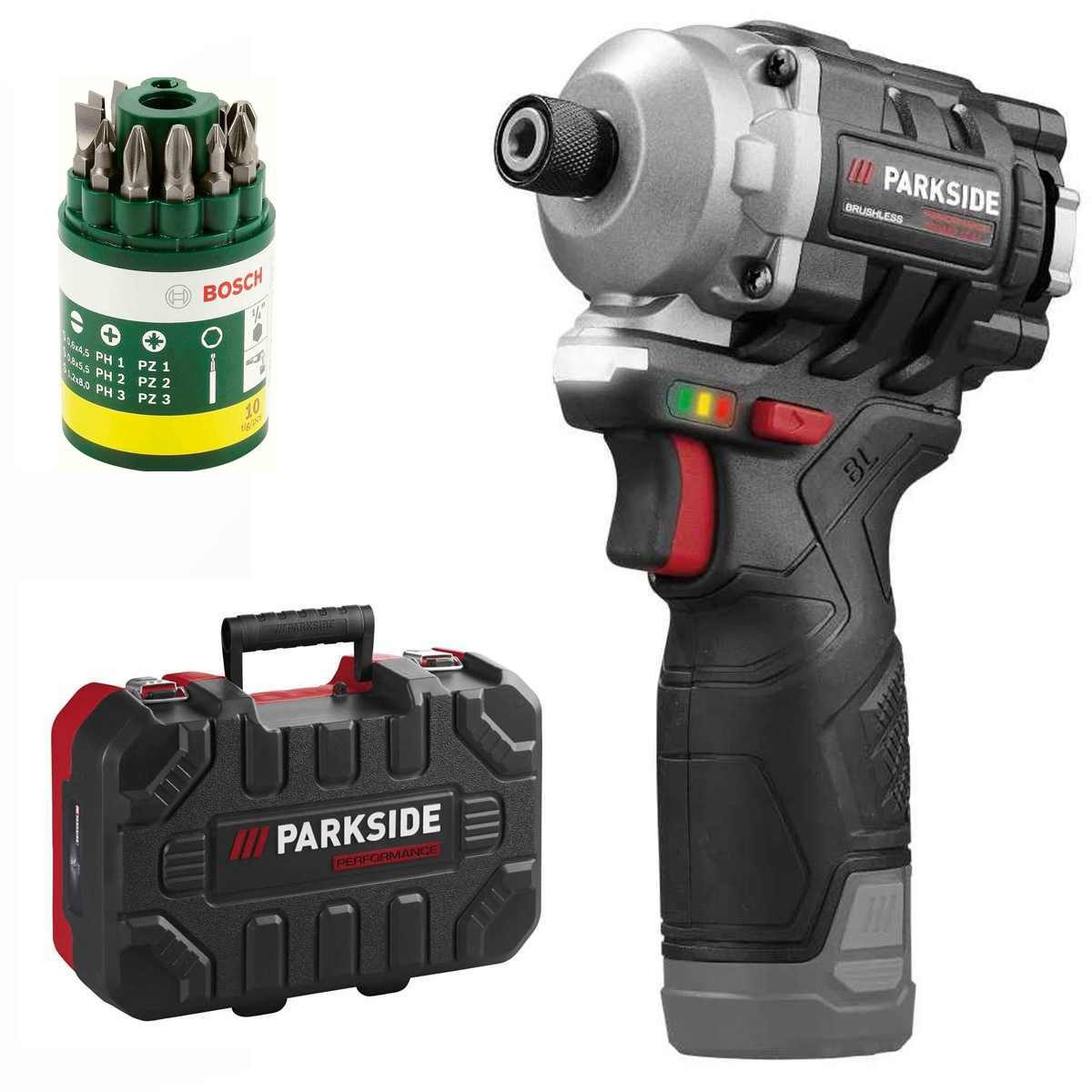 PARKSIDE PERFORMANCE® Akku-Drehschlagschrauber 12V Akku-Drehschlagschrauber PDSSAP 12 Akku 2 Ah + Bosch Bitset 10 tlg
