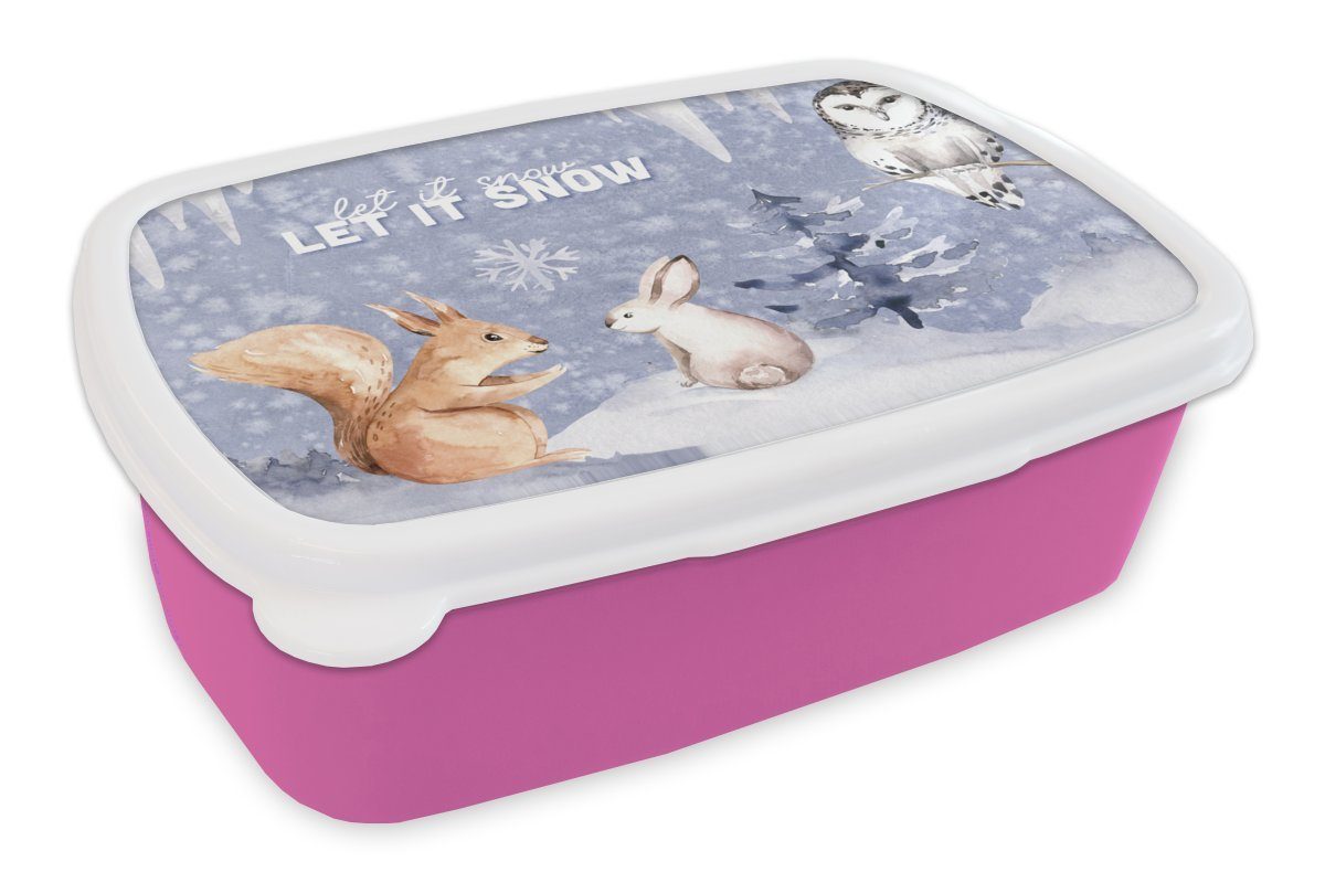 MuchoWow Lunchbox Winter - Schnee - Eichhörnchen, Kunststoff, (2-tlg), Brotbox für Erwachsene, Brotdose Kinder, Snackbox, Mädchen, Kunststoff rosa