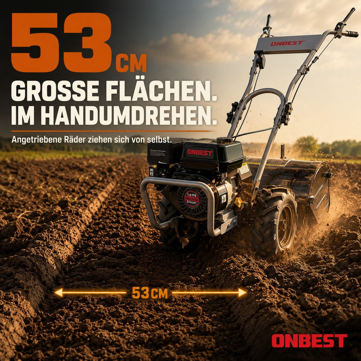 Onbest Benzinmotorhacke Gartenfräse T4150 4,1 kW / 7 PS, 53 cm Arbeitsbreite, 53 cm Arbeitsbreite, 35 cm Arbeitstiefe, 12 Hackmesser, Radantrieb