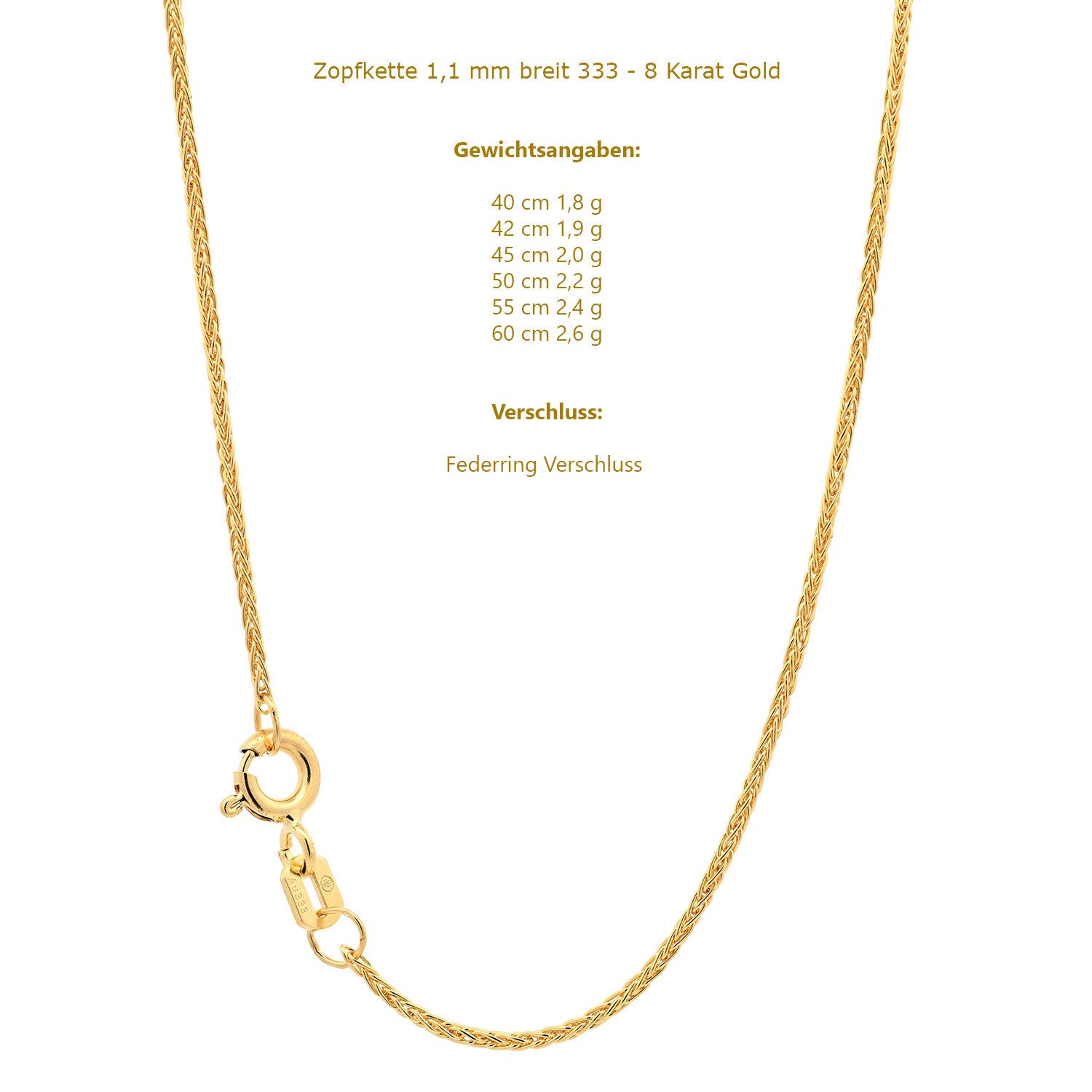 HOPLO Goldkette Goldkette Zopfkette 333 - 8 Karat Gold 1,1 mm - 40 cm, Made günstig online kaufen