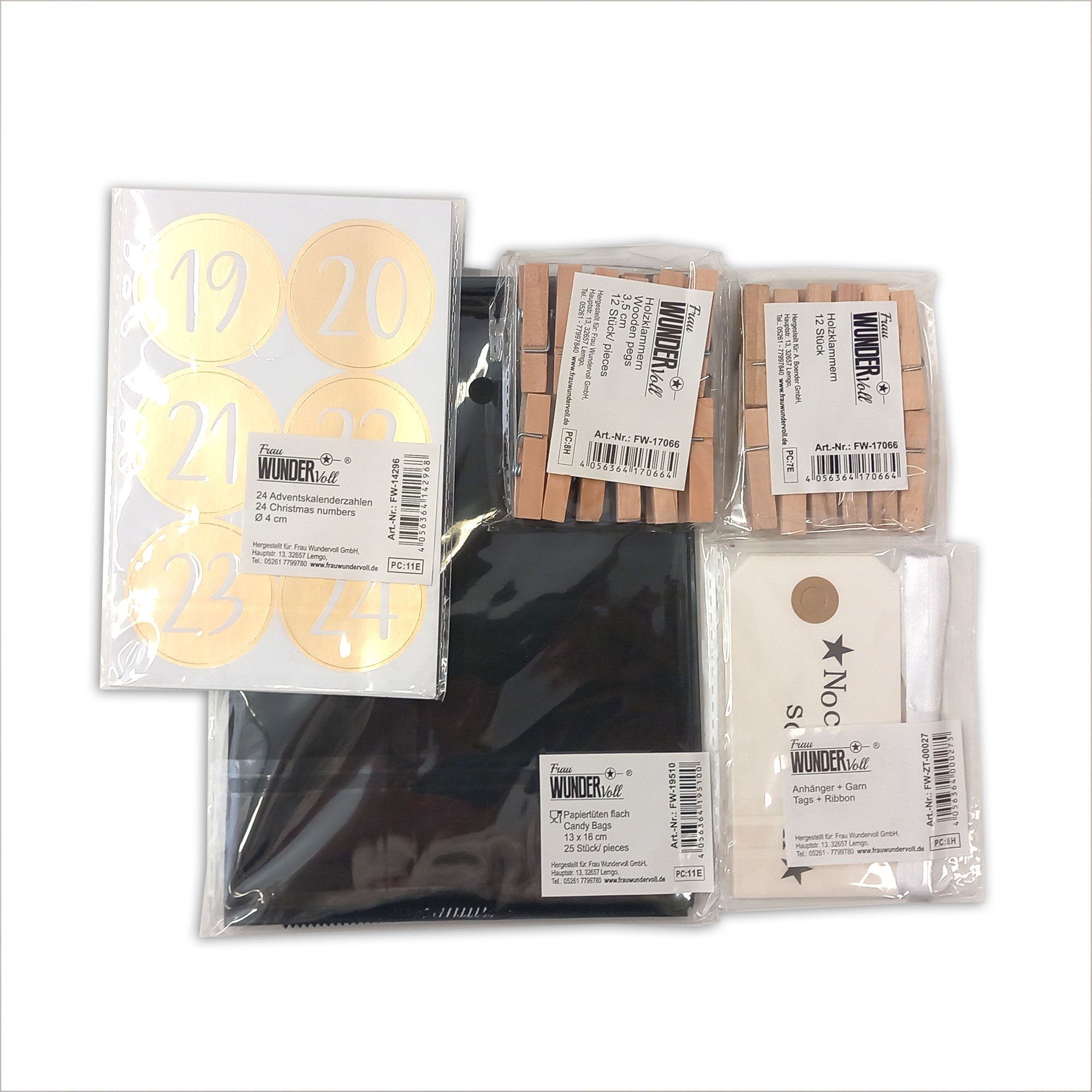 Frau WUNDERVoll Kalender zum Selbstbasteln DIY Adventskalender zum Befüllen Bescherung, schwarze Papiertüten