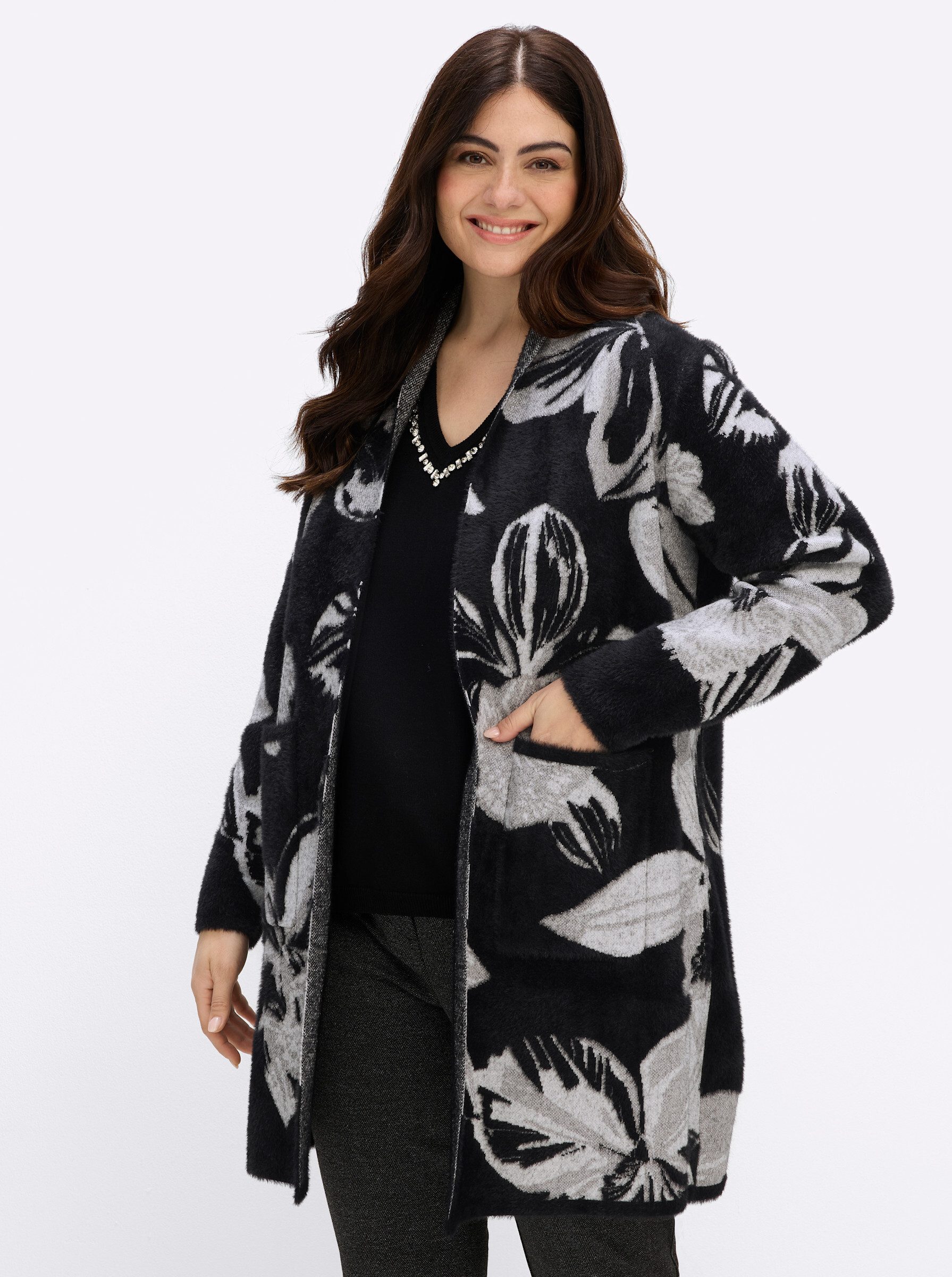 Sheego Strickjacke Long-Strickjacke Langarm Ajourstrick, Feinstrick