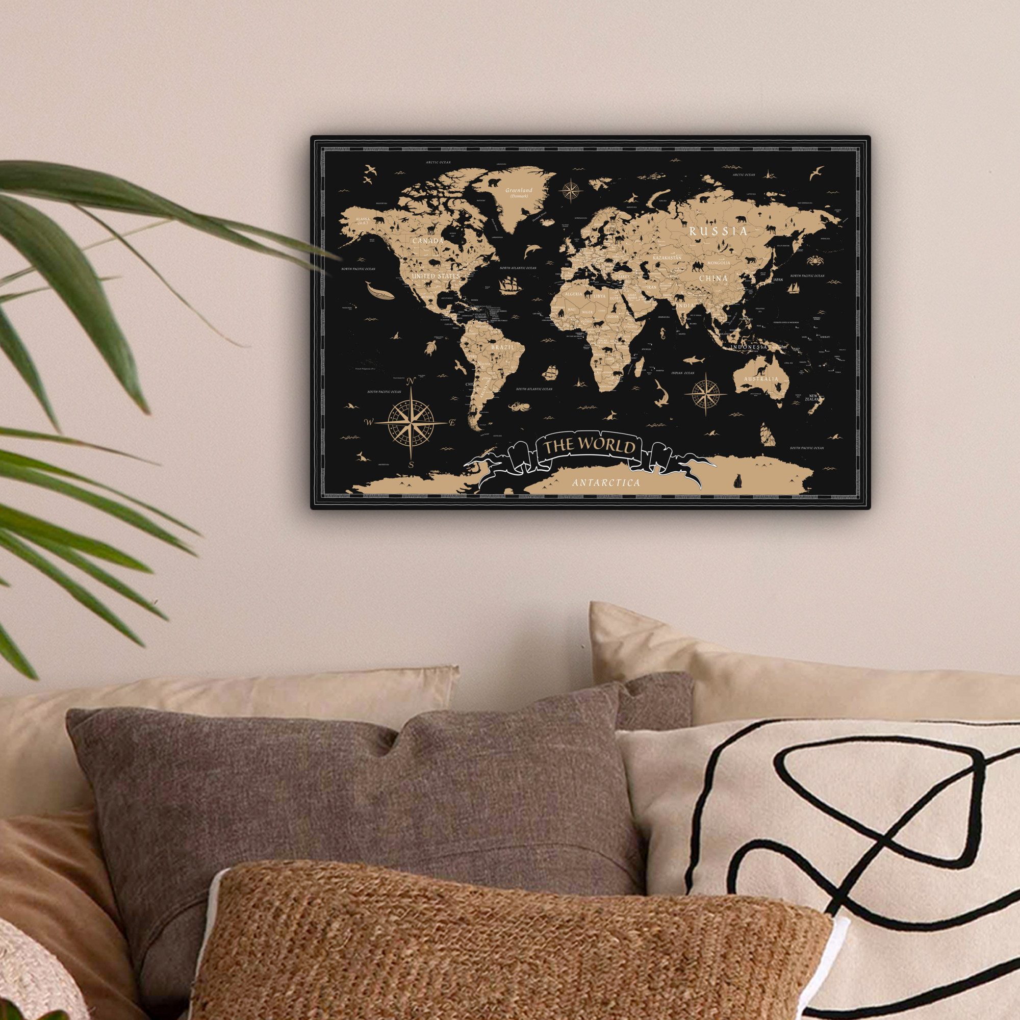 OneMillionCanvasses® Leinwandbild Weltkarte - Beige - Schwarz, Fotodruck (1 günstig online kaufen