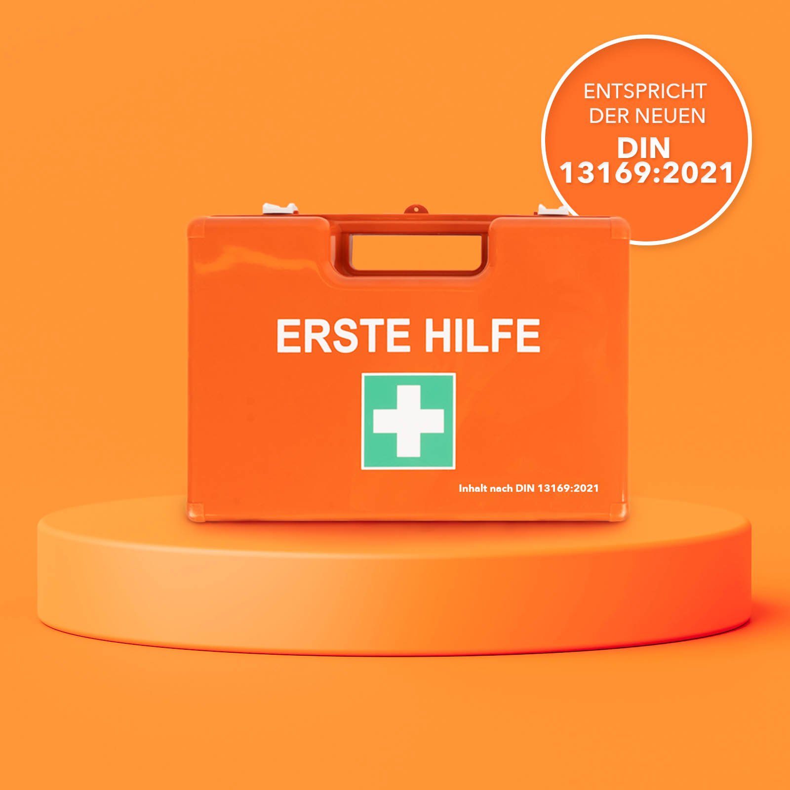 Erste Hilfe Verbandkasten Betrieb MINI + Wandhalterung, orange, DIN  13157:2021 
