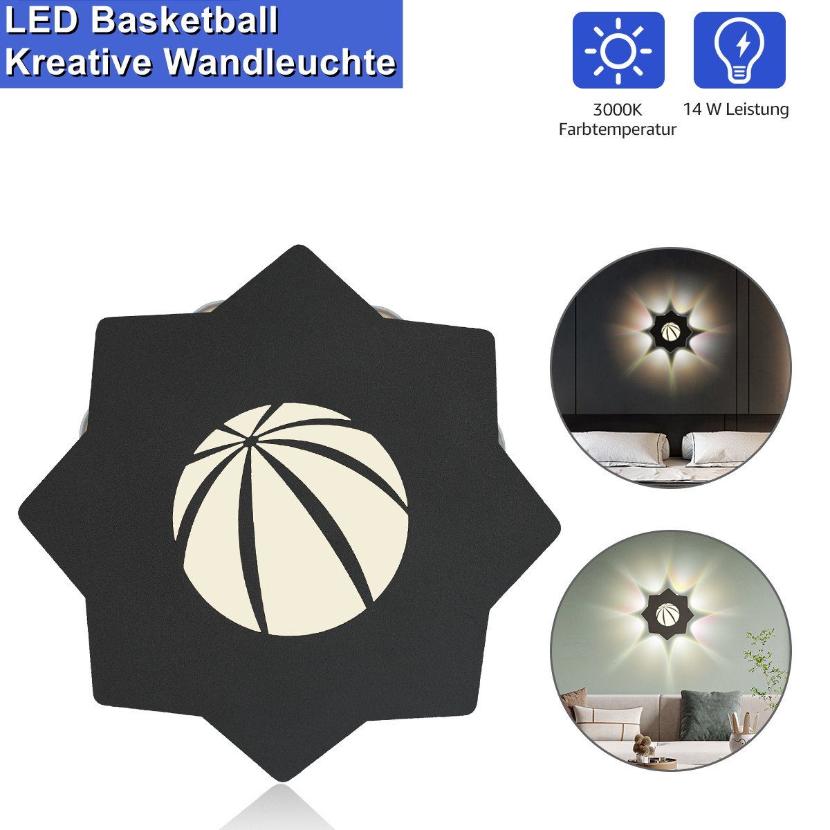7Magic Wandleuchte Wandleuchte Innen, Moderne Wandleuchte aus Aluminium, Innen LED Wandleuchte, LED fest integriert, Warmweiß, Wandlampe Flurlampe Badleuchte Effektlampe Strahler Lamp Schwarz - Fußball-Schwarz-Basketball