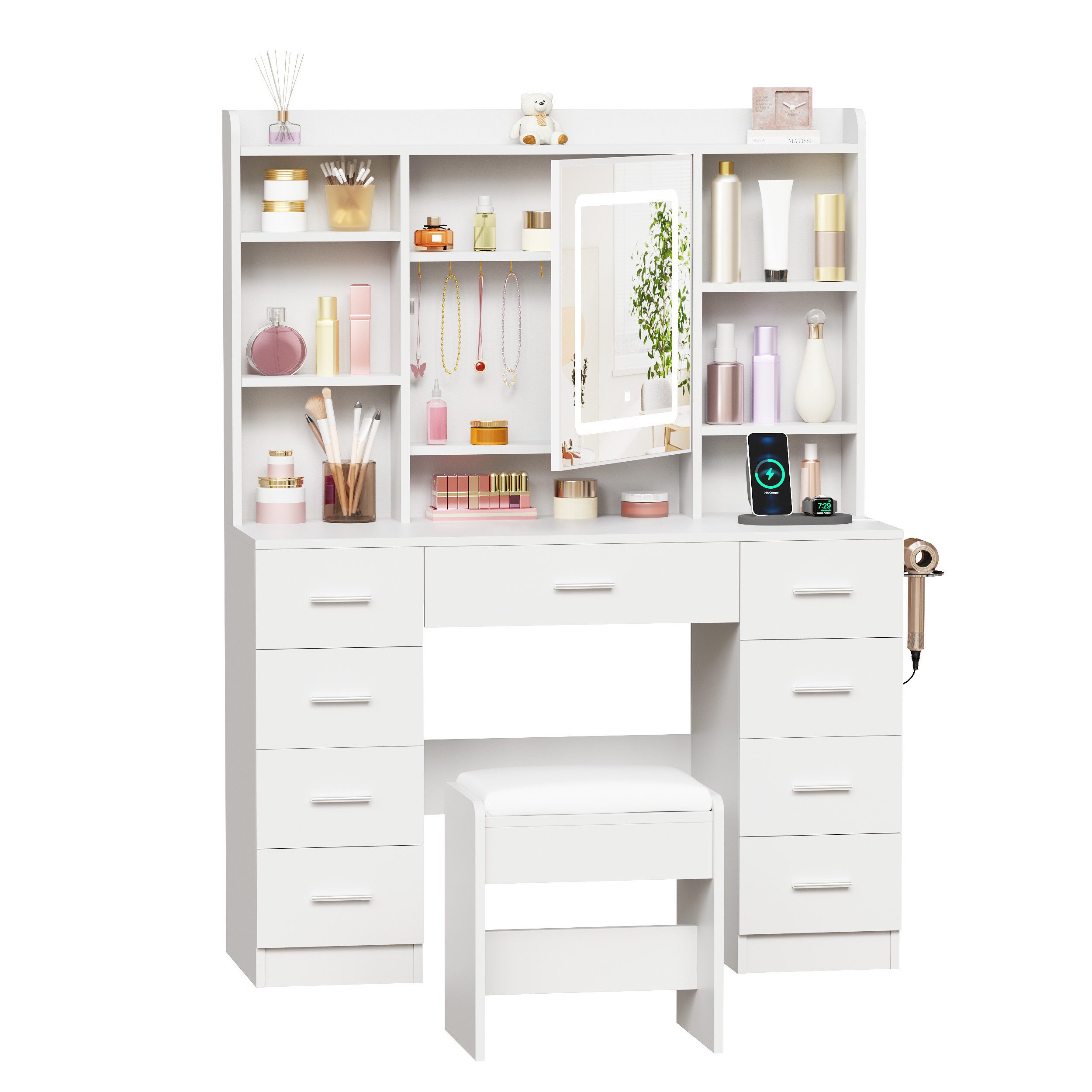 BEWISHOME Schminktisch mit Türspiegel und Steckdosen, 9 Schubladen, LED-Beleuchtung (1-St), mit USB-Anschlüssen, Steckdosen und gepolstertem Hocker