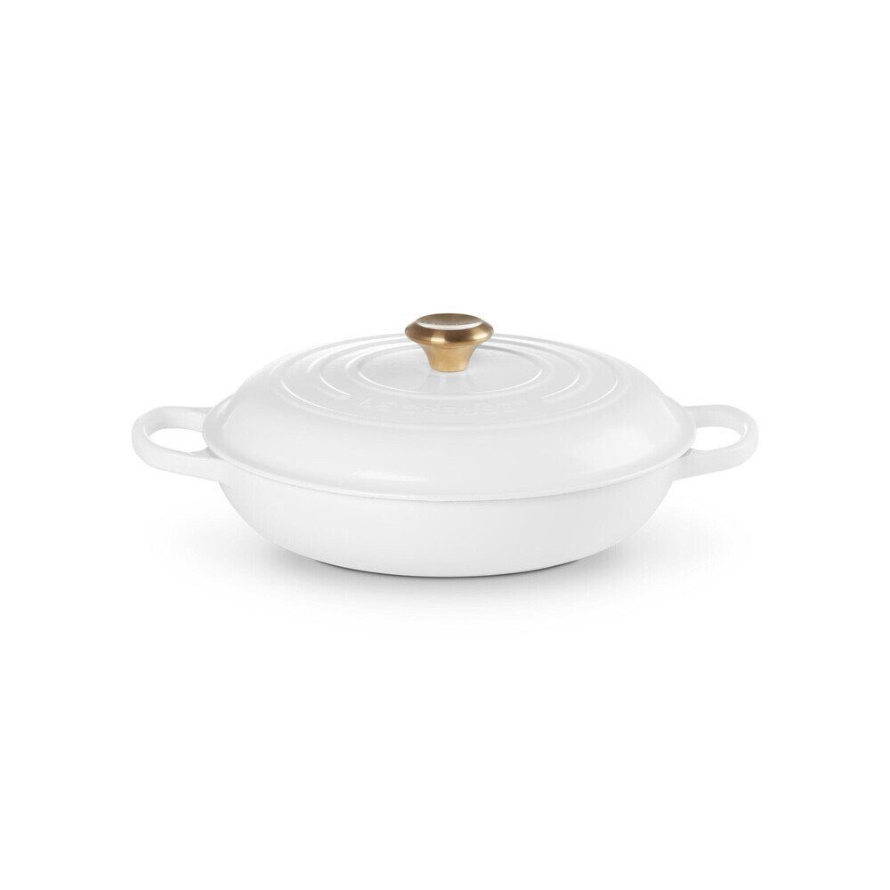 LE CREUSET Bräter Gourmet-Profitopf mit Deckel 30 cm Signature White, Gusseisen, flacher Schmortopf, Cocotte, Servierpfanne, ca. 3-4 Pers., Ø30cm, weiß