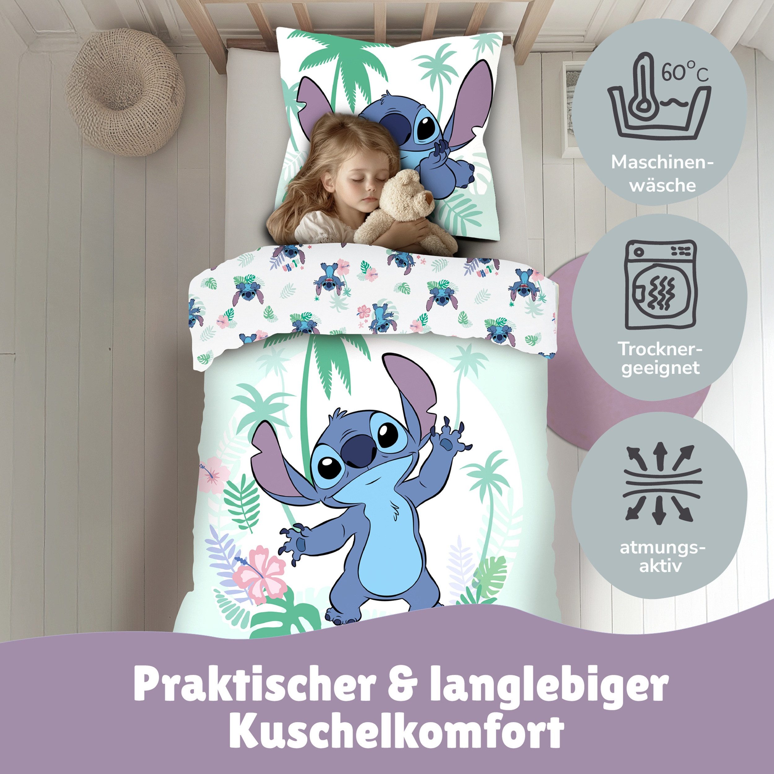 Familando Kinderbettwäsche Lilo und Stitch "Aloha" aus 100% Baumwolle mit Reißverschluss, Linon, 2 teilig, mit Schriftzug und Wendeseite