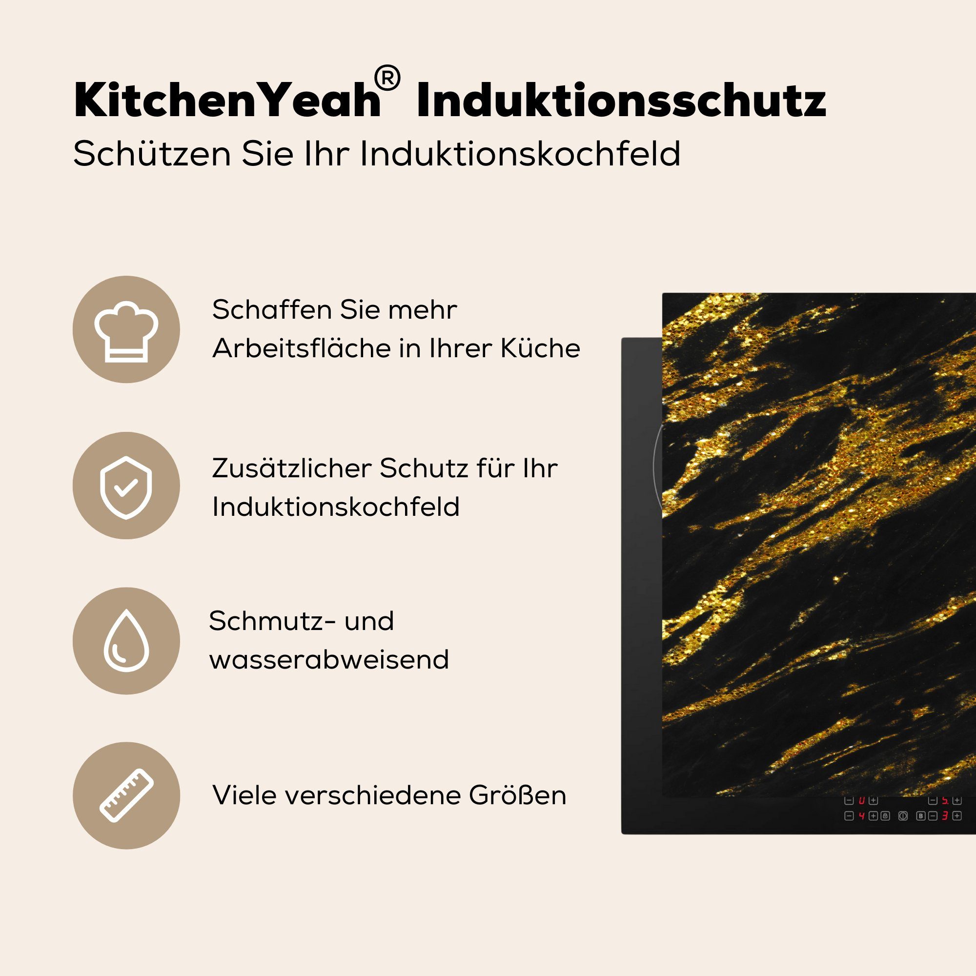 MuchoWow Herdblende-/Abdeckplatte Marmor - Schwarz Vinyl, Arbeitsplatte für Ceranfeldabdeckung, 78x78 tlg), cm, - küche (1 Gold