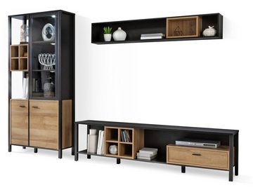Moebel-Eins Wohnzimmer-Set, HAVANO Wohnwand, Material Dekorspanplatte, Riviera Eichefarbig/schwarz