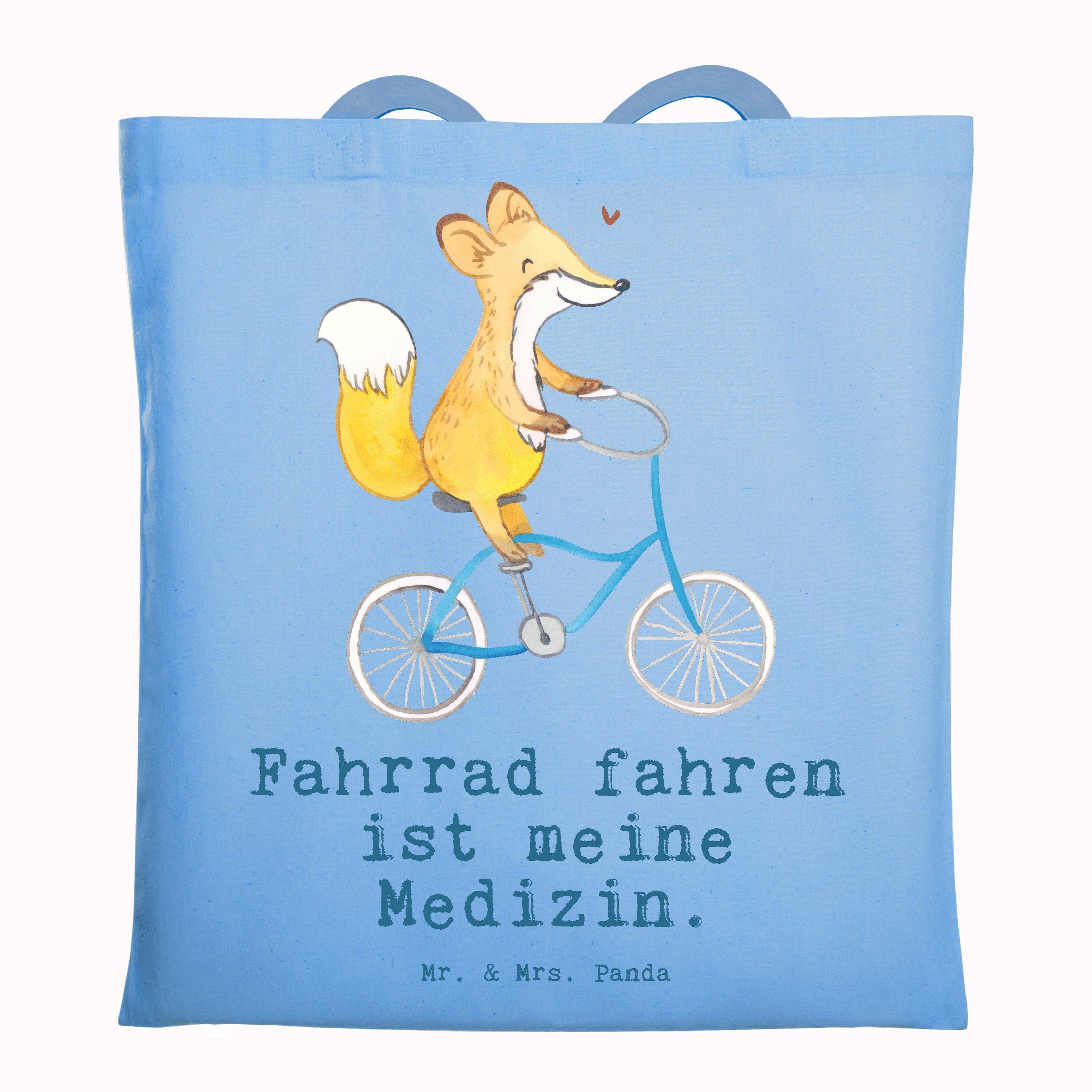 Mr. & Mrs. Panda Tragetasche Fuchs Fahrrad fahren - Sky Blue - Geschenk, Mountainbiking, Einkaufst (1-tlg), Cross Stitching Griffe