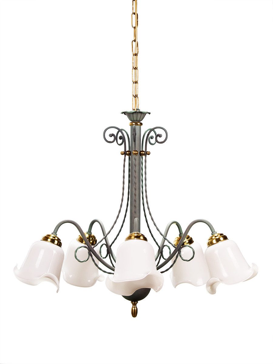 Helios Leuchten Pendelleuchte große vintage Wohnzimmerleuchte Jugendstil, Esstischlampe, Oberfläche Patina grün 5 x E27