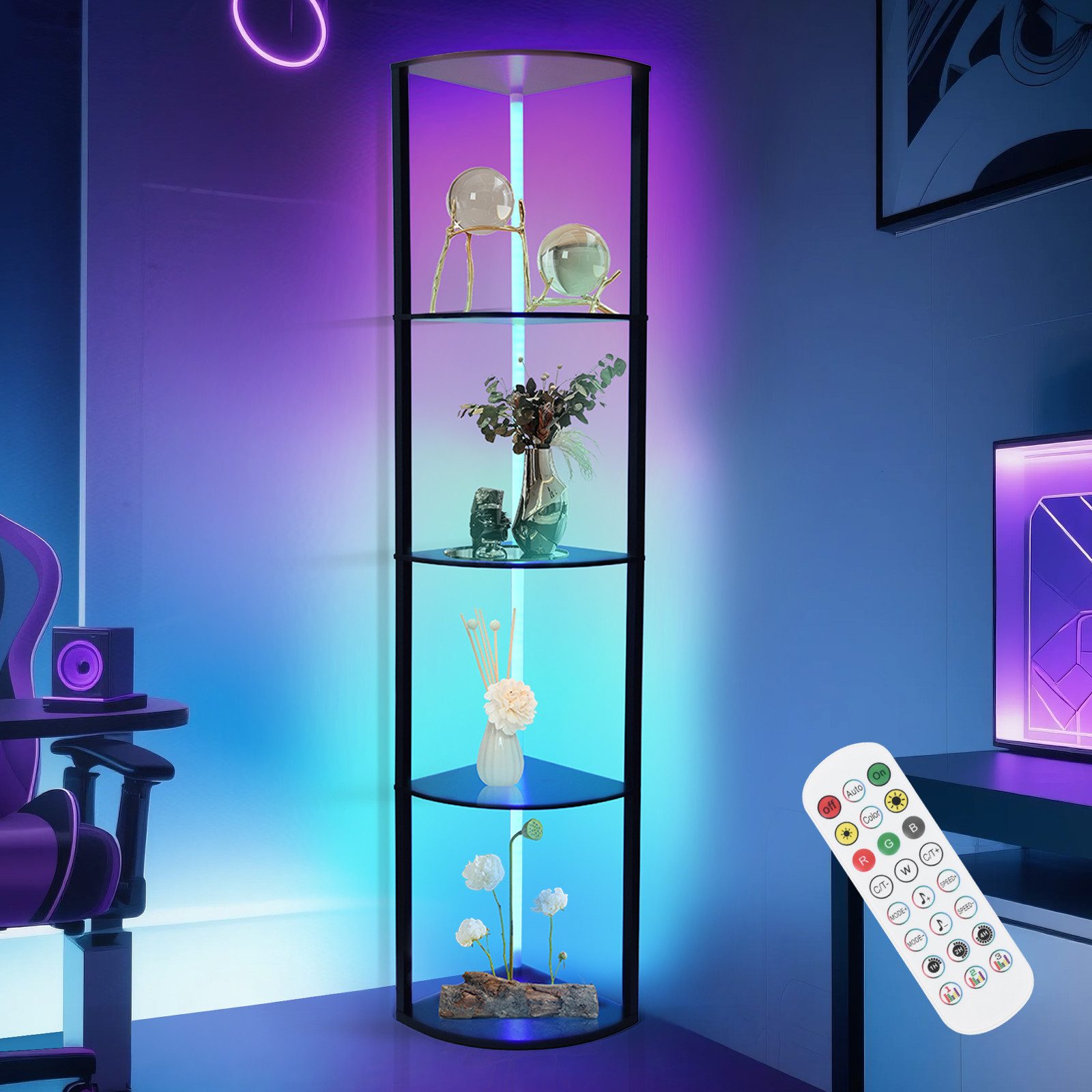 XERSEK Eckregal LED Standregal Bücherregal Vitrine Dimmbar mit Fernbedienung Smart, Metallrahmen Regal 4-6 Ablagen, Für Wohnzimmer / Schlafzimmer / Flur / Büro