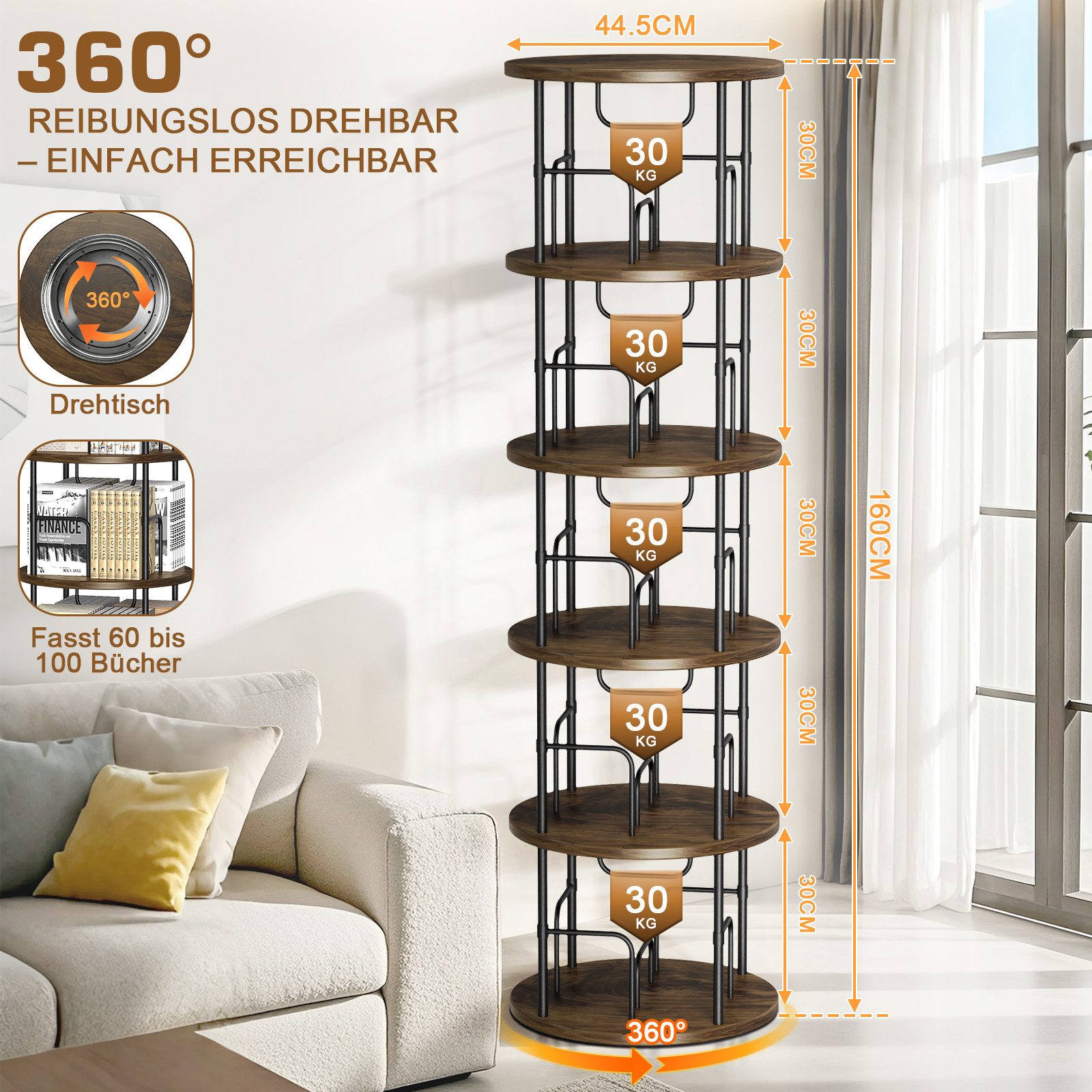 XERSEK Bücherregal 360° Drehbares Bücherturm 5 Ebenen Freistehend Standregal Holzmaserung, Bookshelf Aufbewahrungsregal Eckregal Spielzeugregal, für Kinderzimmer Wohnzimmer Schlafzimmer Büro Aufbewahrung