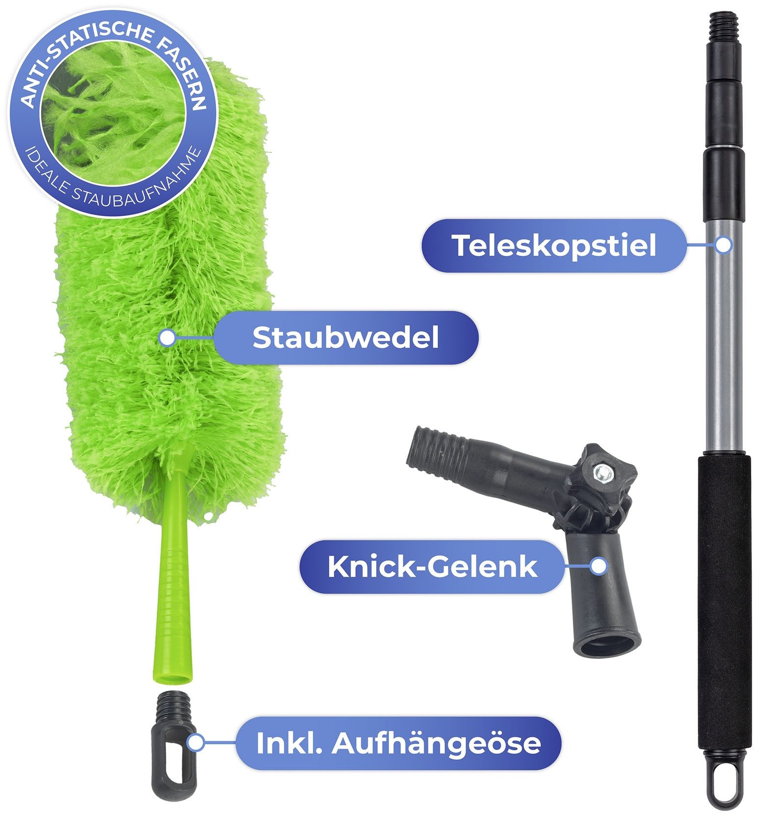 Maximex Staubwedel Mikrofaser mit Teleskopstiel und Knickgelenk, Staubwischer, antistatische Fasern, Reinigungswinkel bis zu 90°