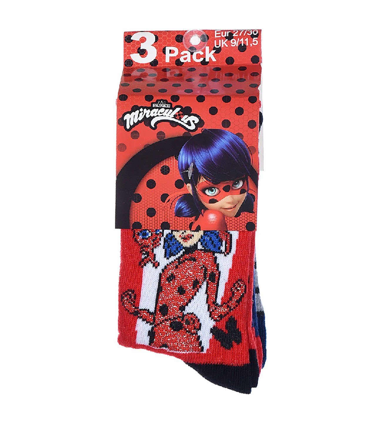Kindersocken, Miraculous City rot-blau-grau Sun Ladybug Socken 3er-Pack,