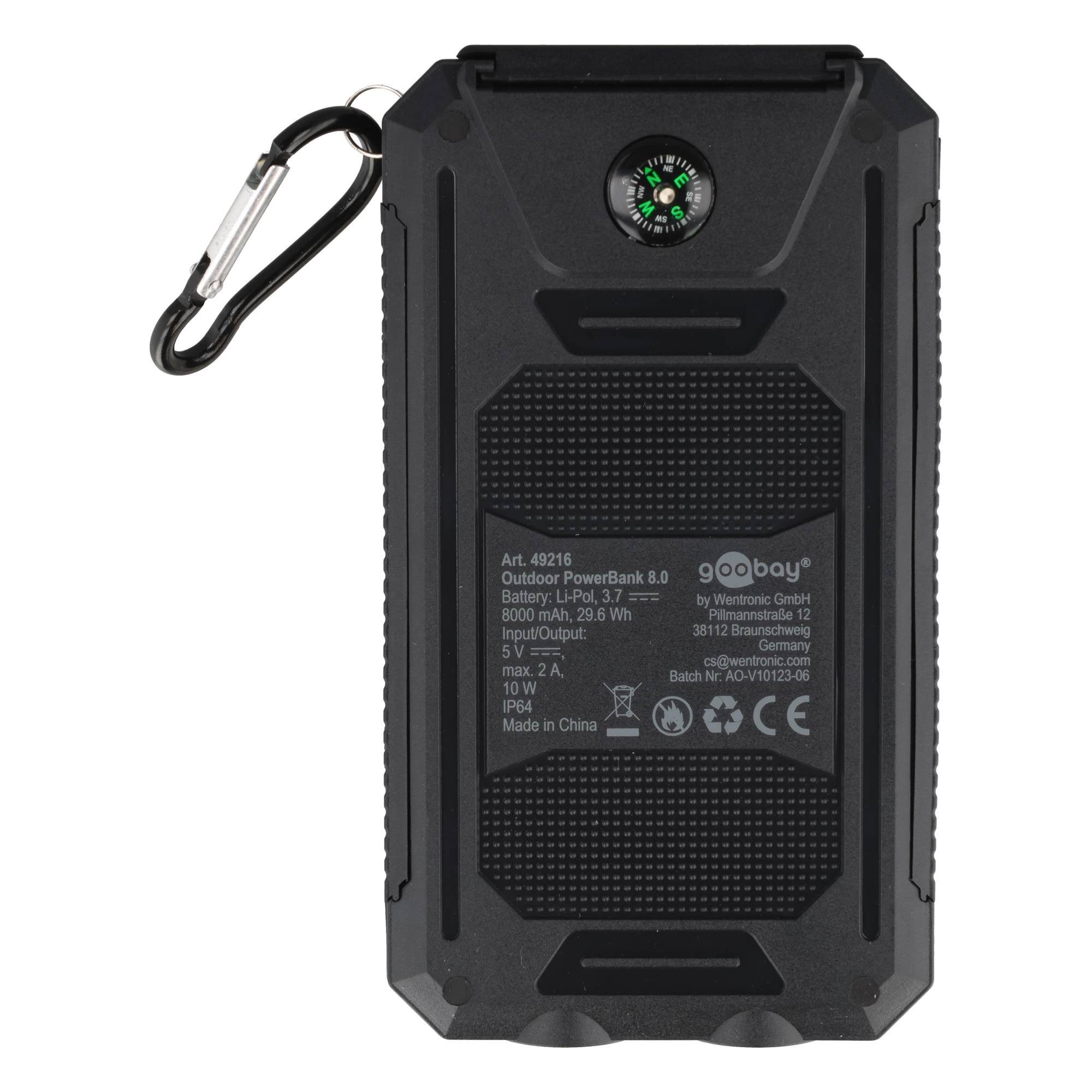 Goobay Outdoor Powerbank 8000mAh mit Solarpanel und Taschenlampenfunktion Akku 8000 mAh (3,7 V)